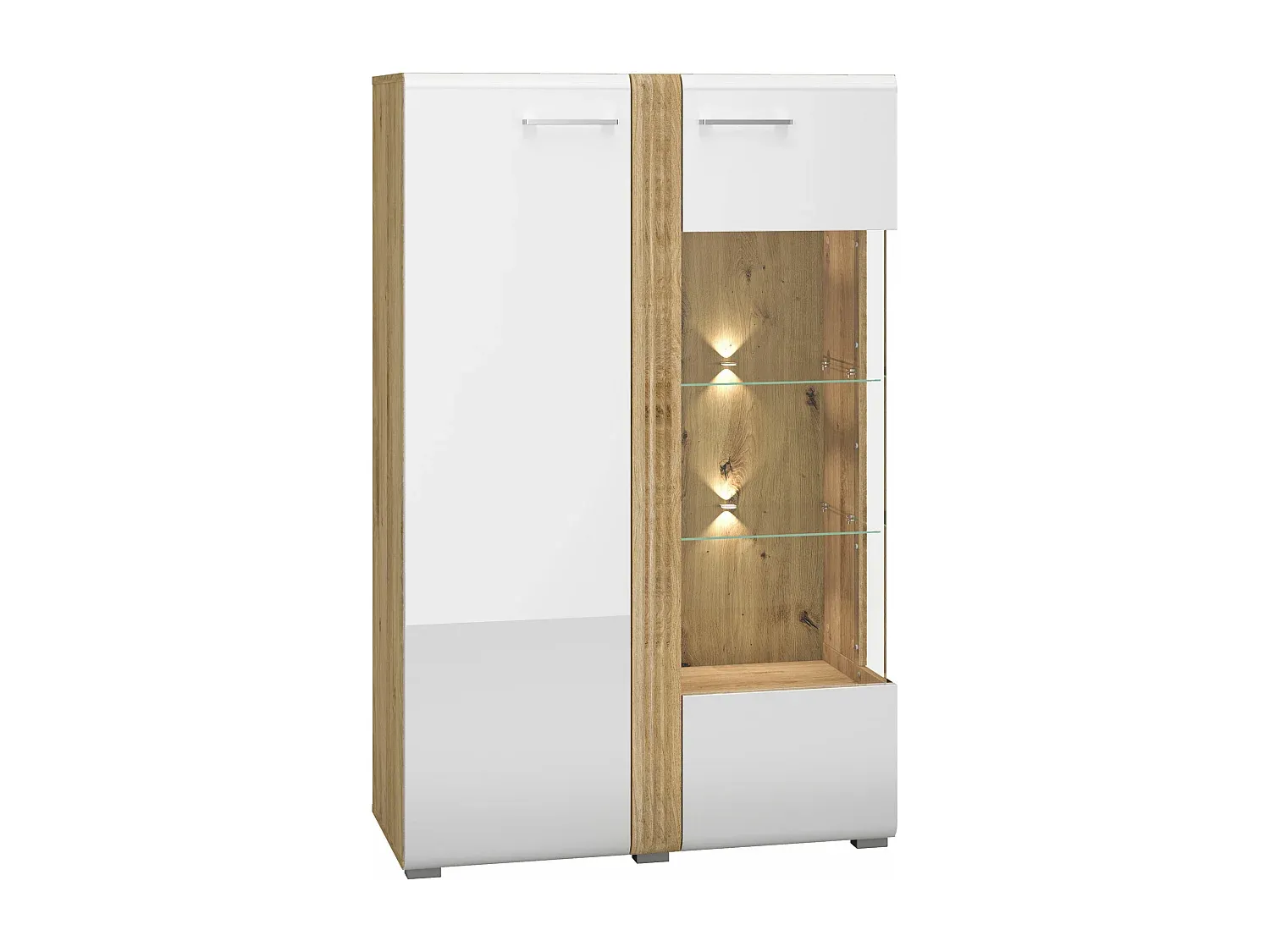 Moderne Stauraumvitrine in Weiß Hochglanz mit Eiche Akzent