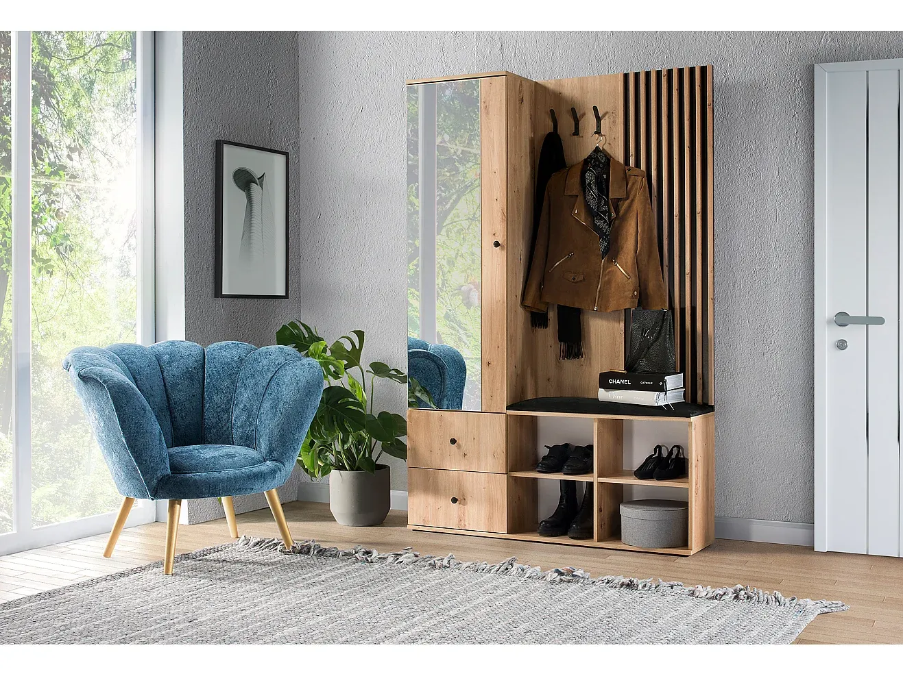 Moderner Garderobenset mit Spiegel in Eiche und Schwarz