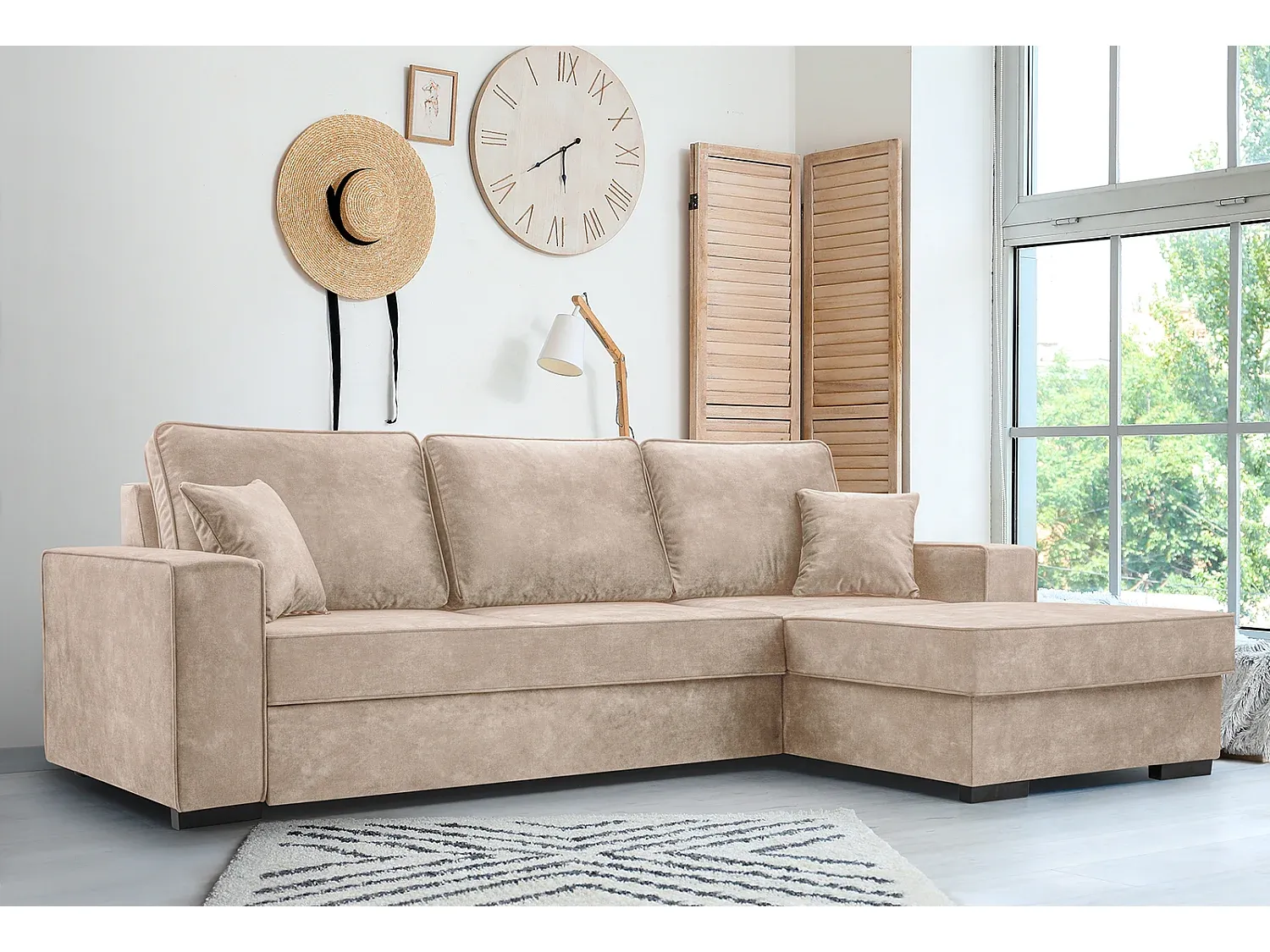 Eckschlafsofa mit Stauraum und Schlaffunktion, Veloursstoff, Automatikmechanismus, 223x160 cm, Beige, Rechts