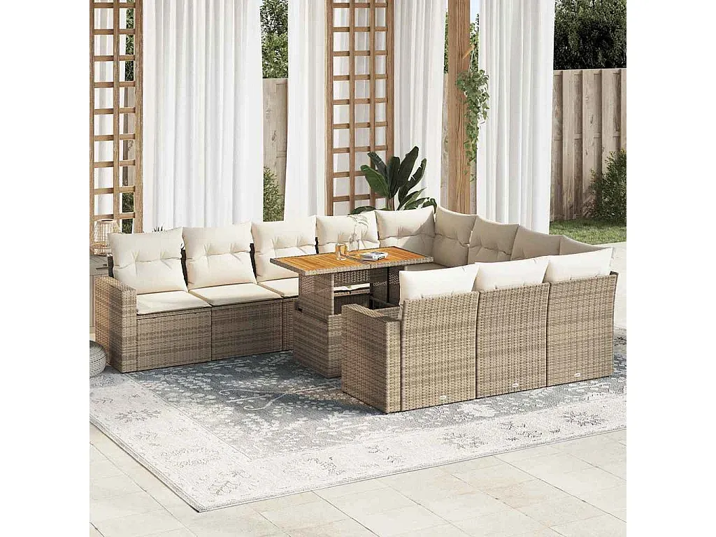 Garten-Sofagarnitur mit Kissen aus Poly Rattan Beige 11-teilig