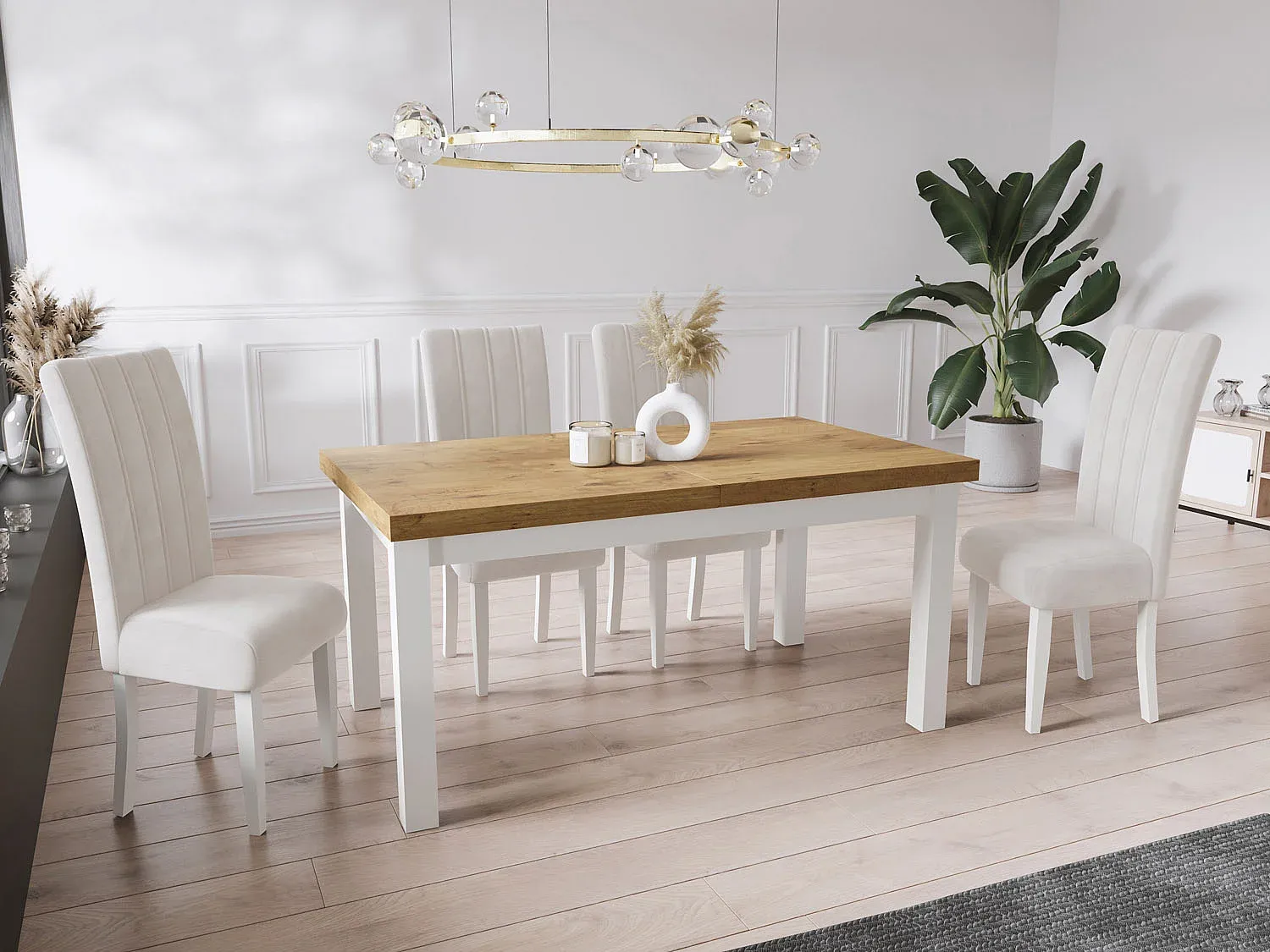 Ausziehbarer Esstisch in Eicheoptik mit weißen Holzbeinen