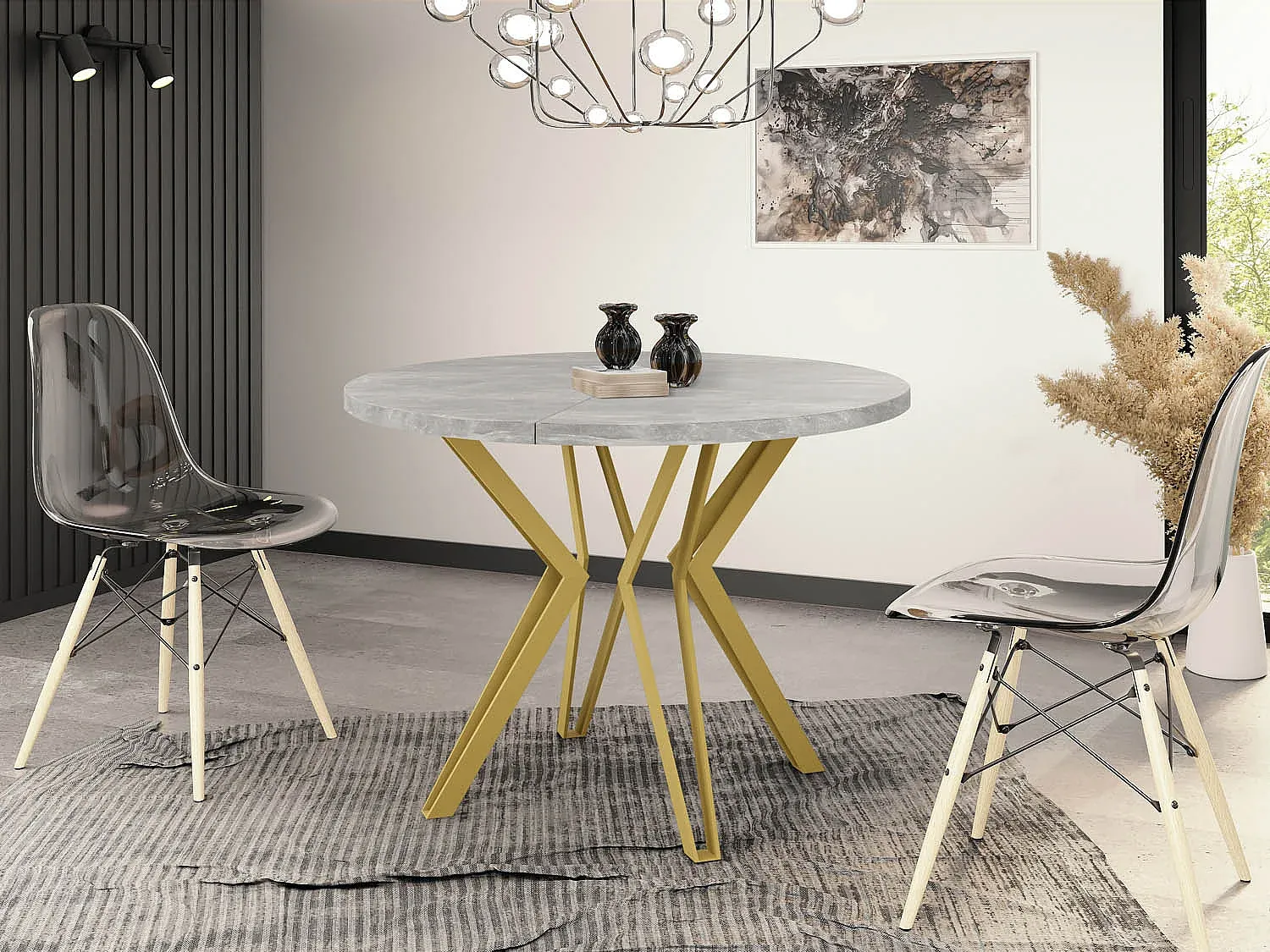 Runder Esstisch ausziehbar mit Metallbeinen in Betonoptik