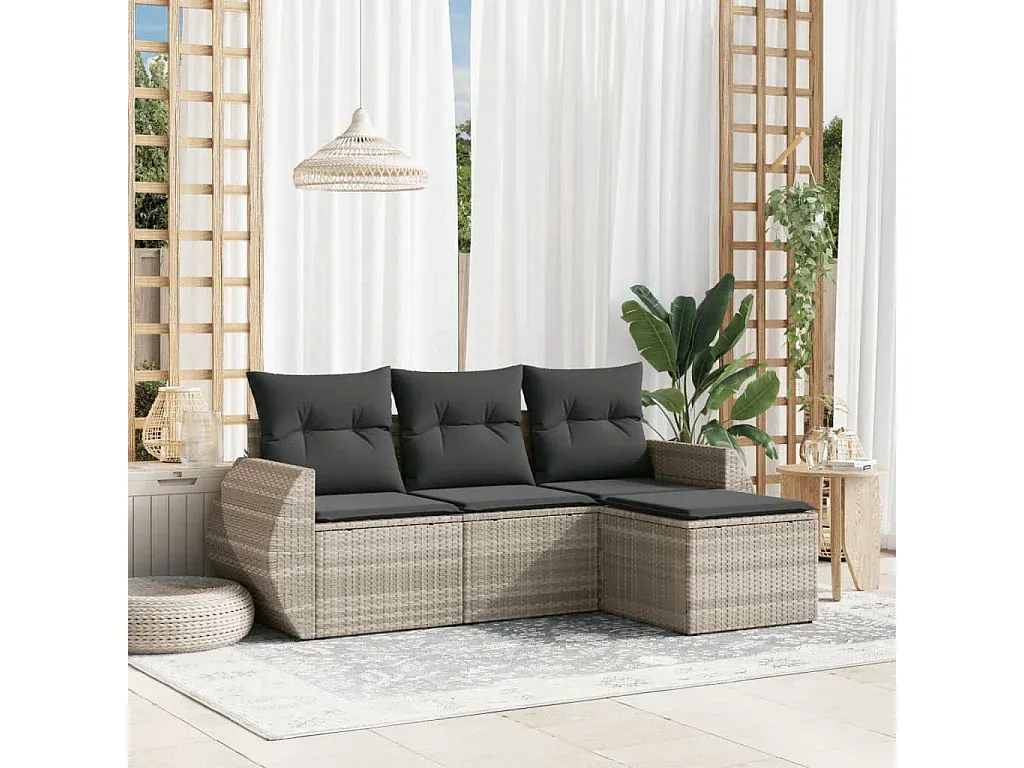 Garten-Sofaset aus Polyrattan mit Kissen Hellgrau, 4-teilig