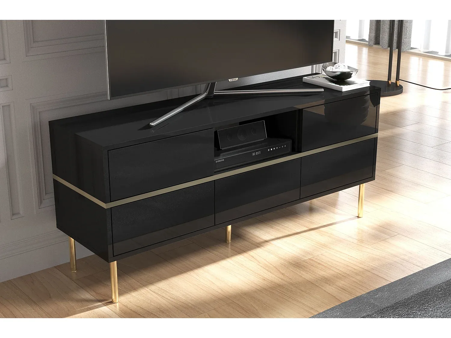 Elegantes Lowboard in Schwarz mit Goldakzenten