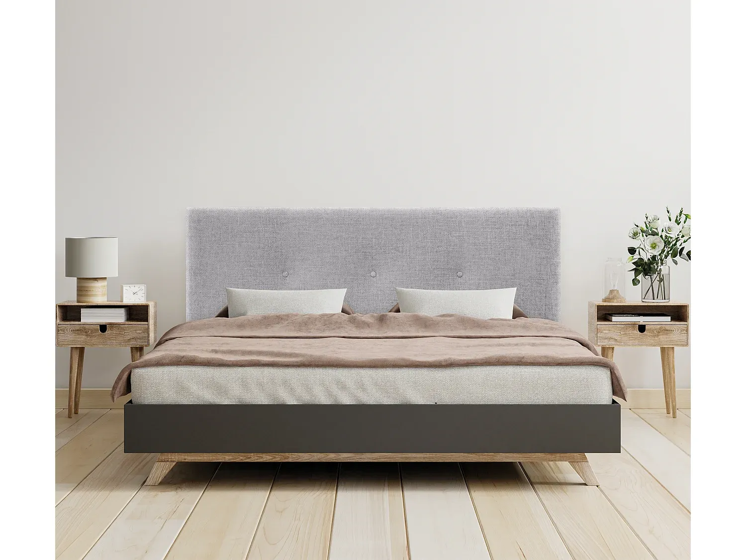 Kopfteil aus Naturwolle mit Knöpfen in Hellgrau, 145x105cm