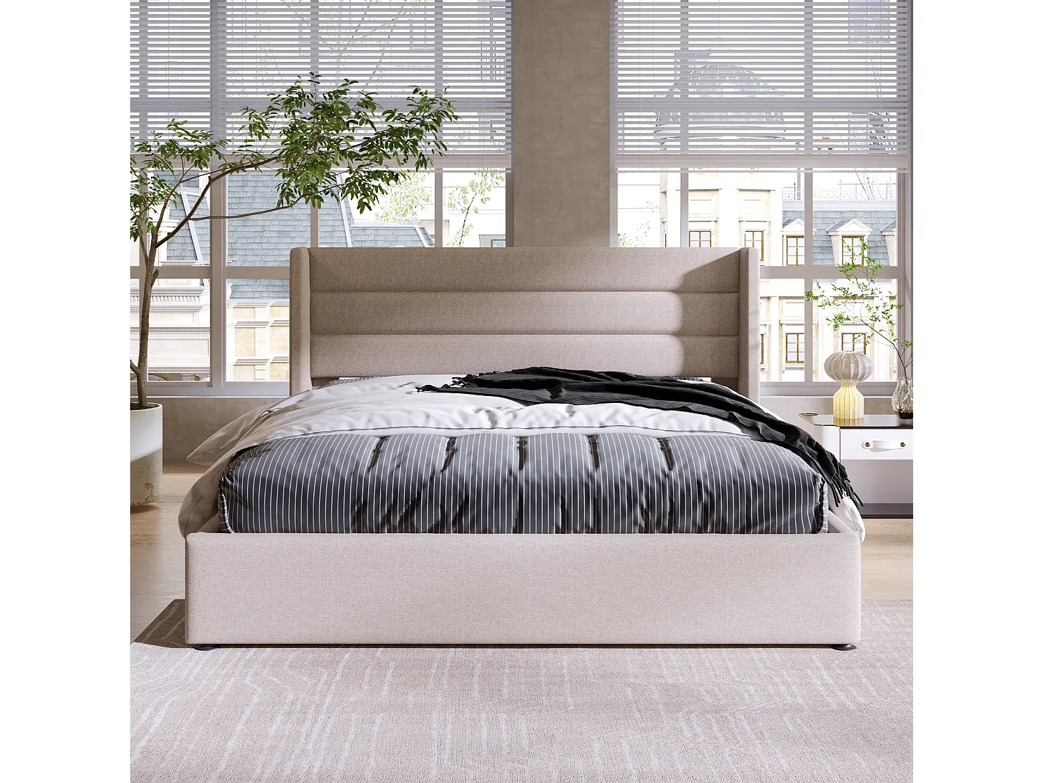 Stauraumbett für Erwachsene 160 x 200 cm aus Leinenstoff mit Lattenrost in Beige