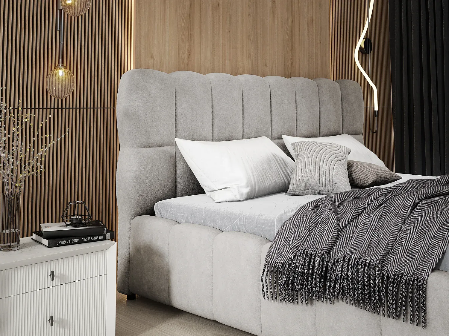 Großes Polsterbett 200x200 mit Bettkasten und Kopfteil, Hellgrau Samt