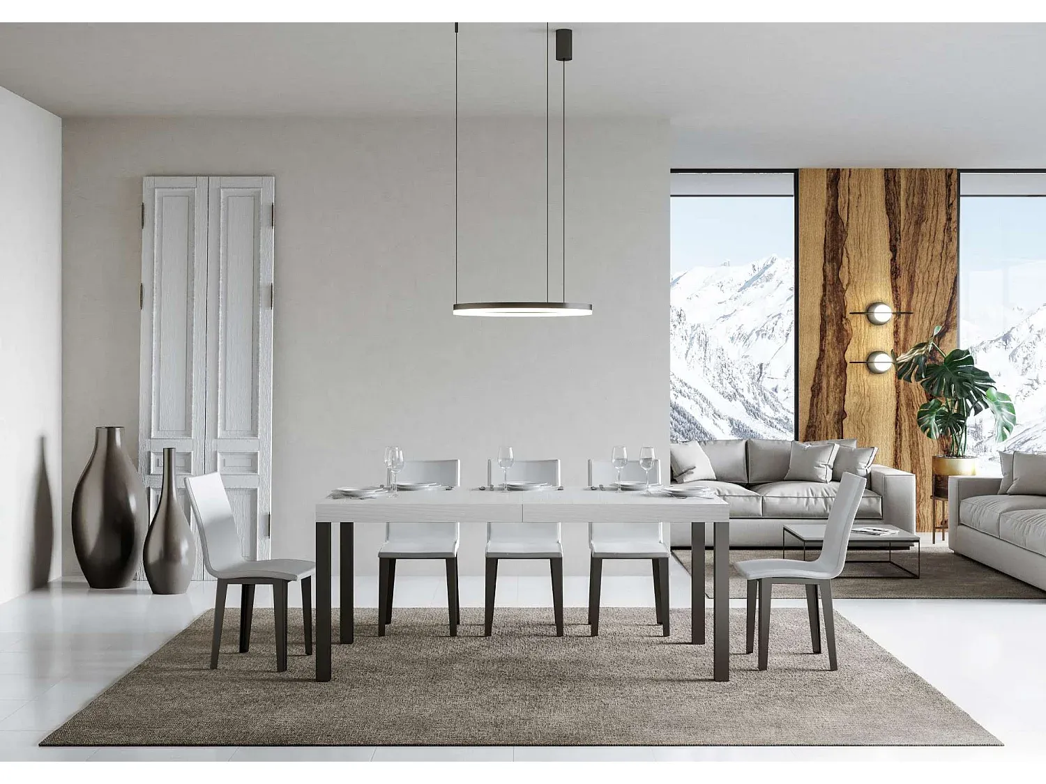 Moderner Ausziehtisch aus Esche mit Eisenrahmen