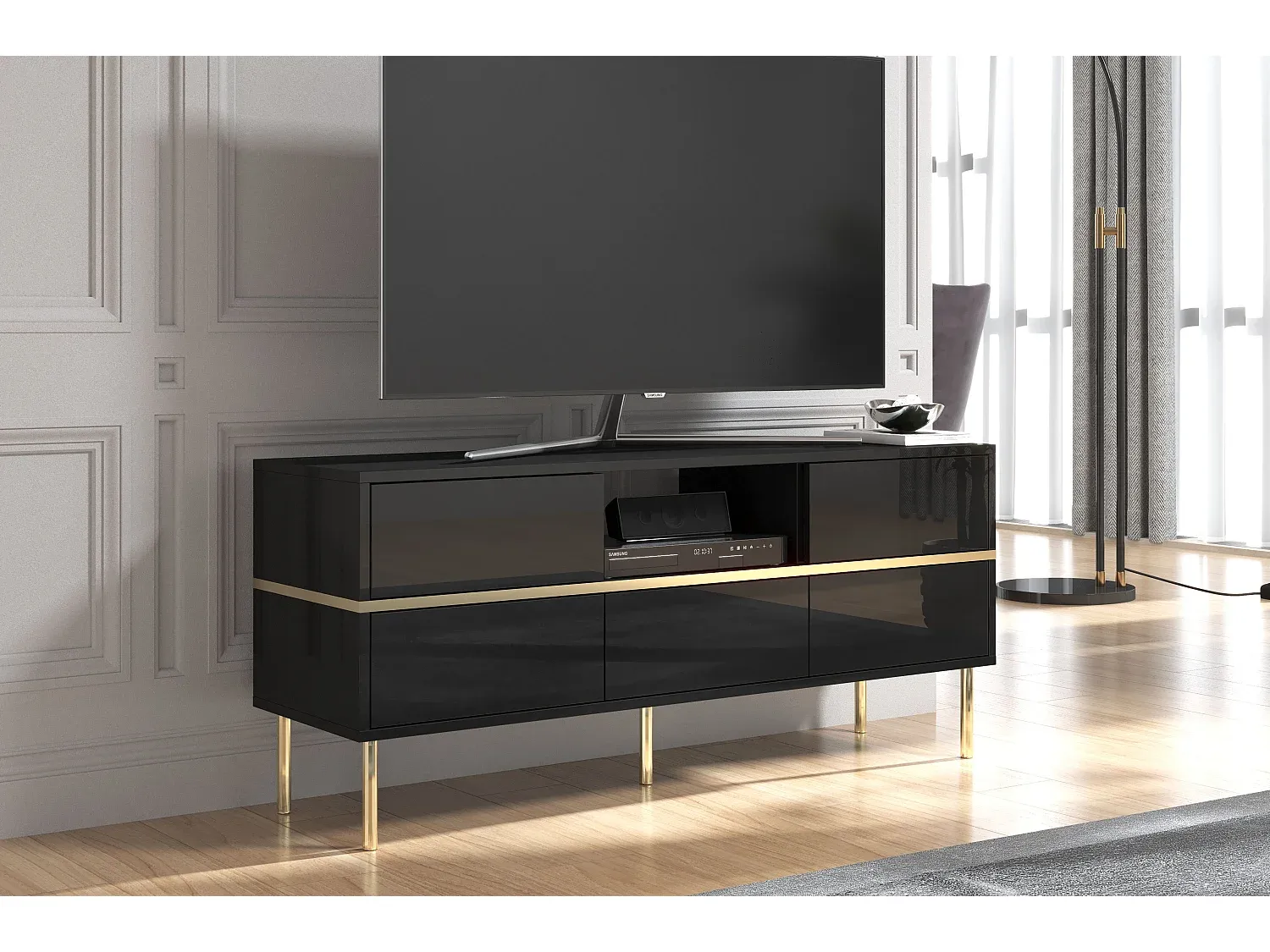 Elegantes Lowboard in Schwarz mit Goldakzenten