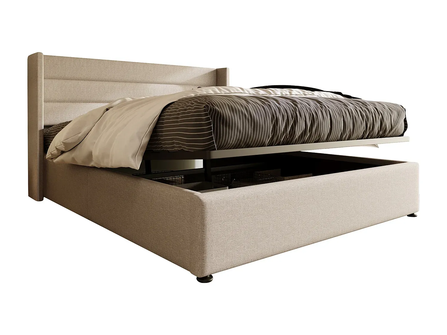 Stauraumbett für Erwachsene 160 x 200 cm aus Leinenstoff mit Lattenrost in Beige