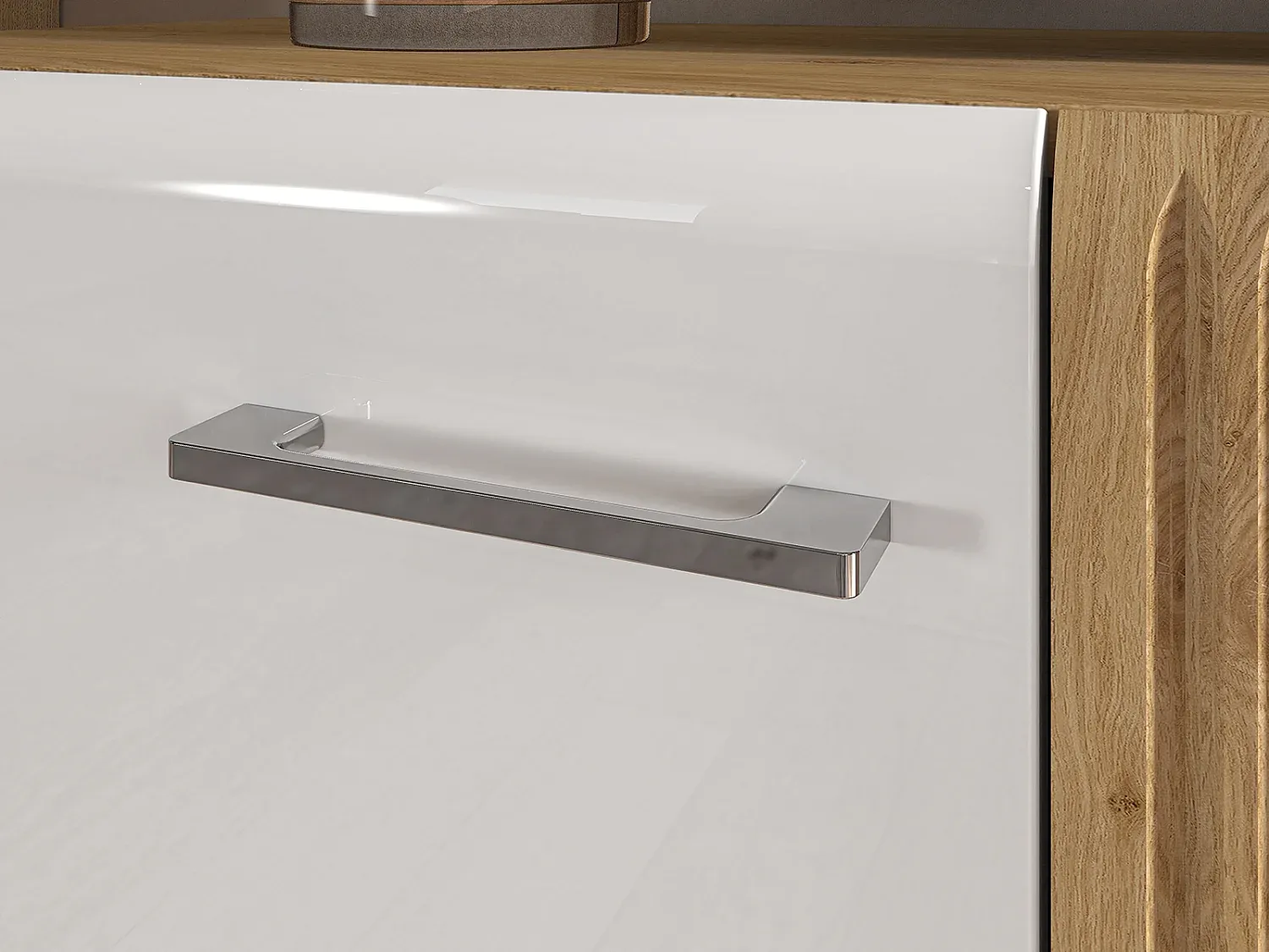 Moderne Stauraumvitrine in Weiß Hochglanz mit Eiche Akzent