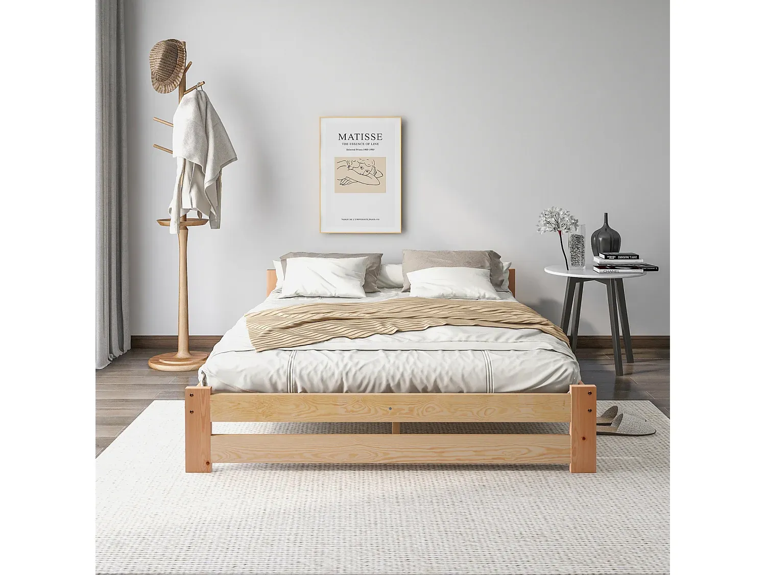 Futonbett aus Naturholz mit Kopfteil und Lattenrost, 200x140 cm