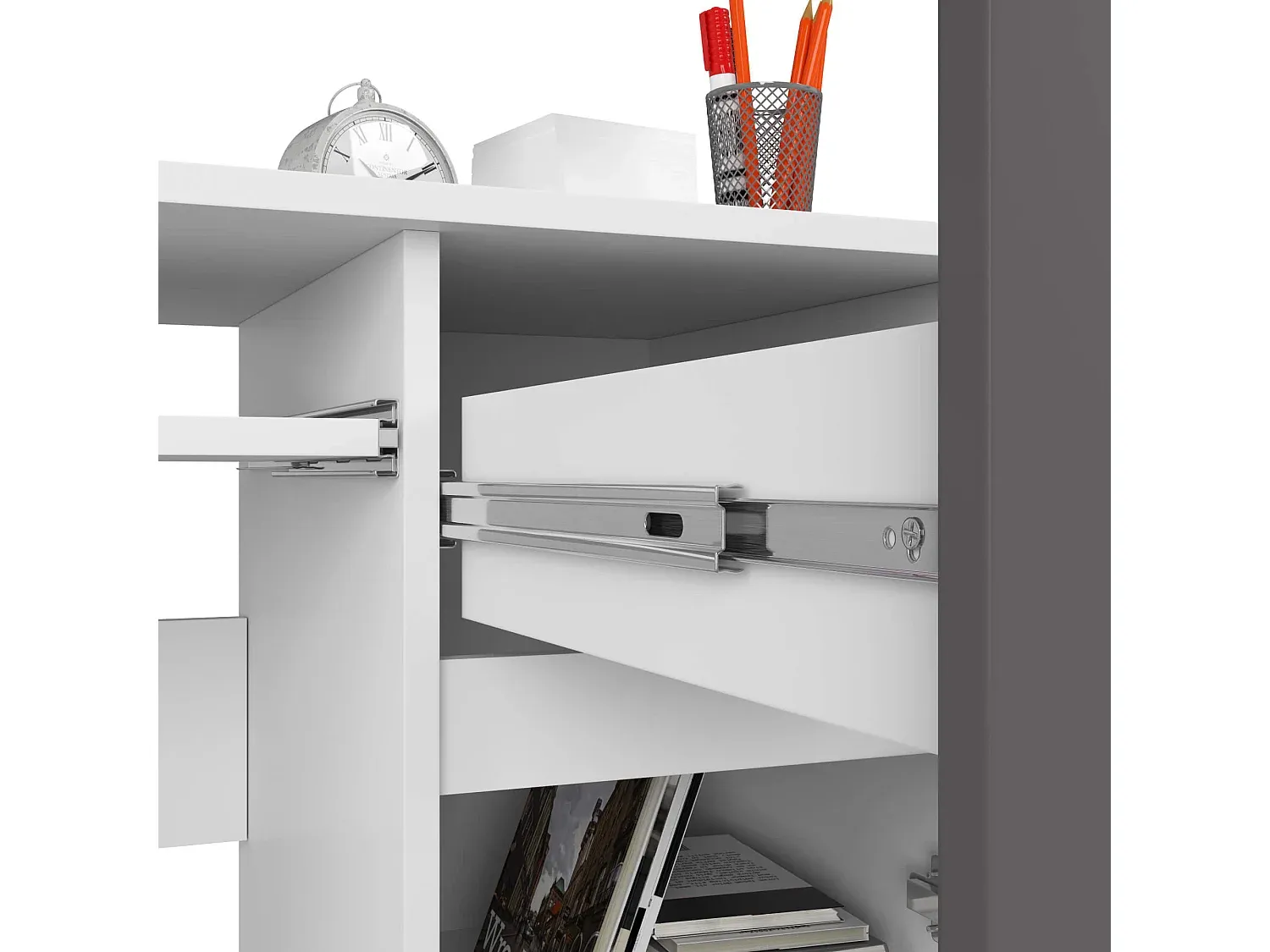 Moderner PC-Schreibtisch mit Schubladen und Ablagen, Weiß und Graphitgrau