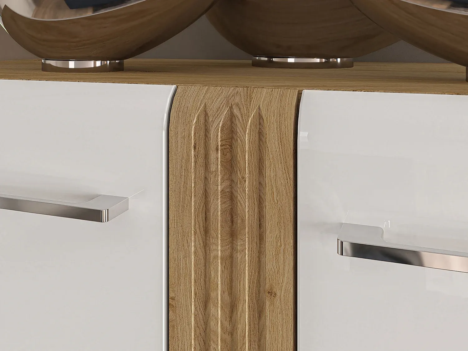 Moderne Stauraumvitrine in Weiß Hochglanz mit Eiche Akzent