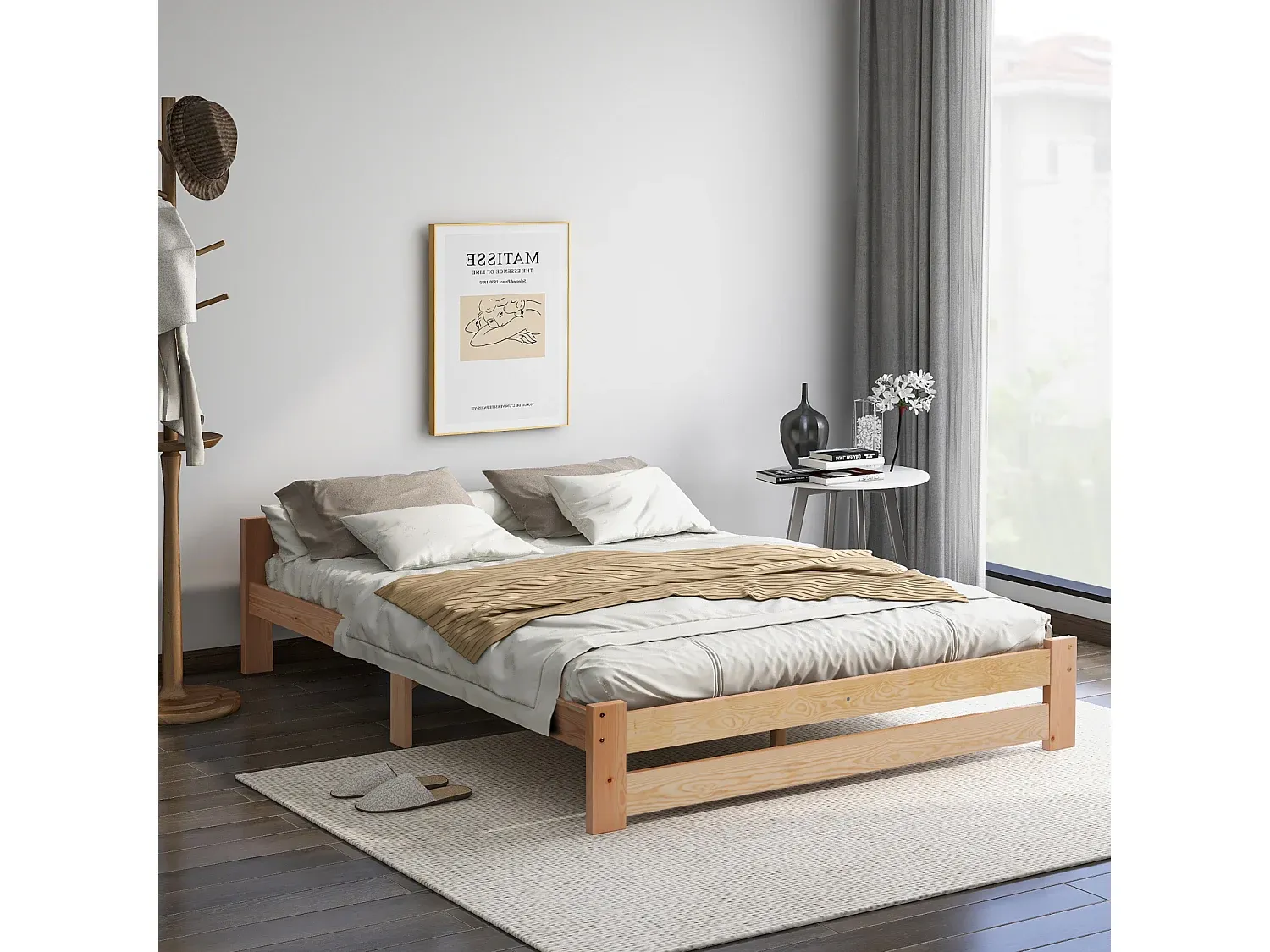 Futonbett aus Naturholz mit Kopfteil und Lattenrost, 200x140 cm