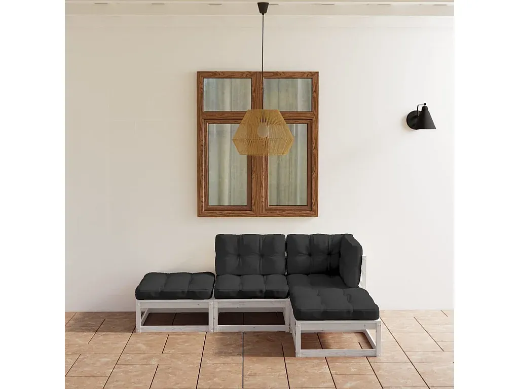 4-teiliges Gartenmöbel-Set aus Massivholz mit Kissen