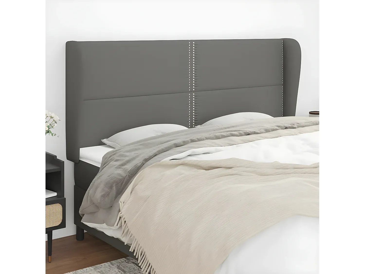 Dunkelgraues Bett-Kopfteil mit Ohren, 203x23x118/128 cm, Stoff
