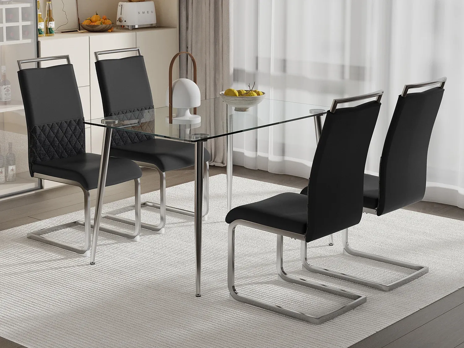 Esszimmerstuhl-Set aus Leinen und Kunstleder mit Metallbeinen, Schwarz und Grau