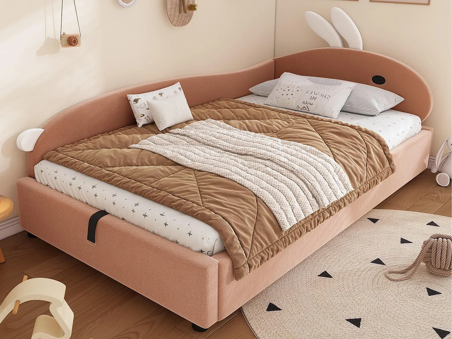 Stauraumbett für Kinder 90x200 cm mit Schutzgitter und Lattenrost in Rosa