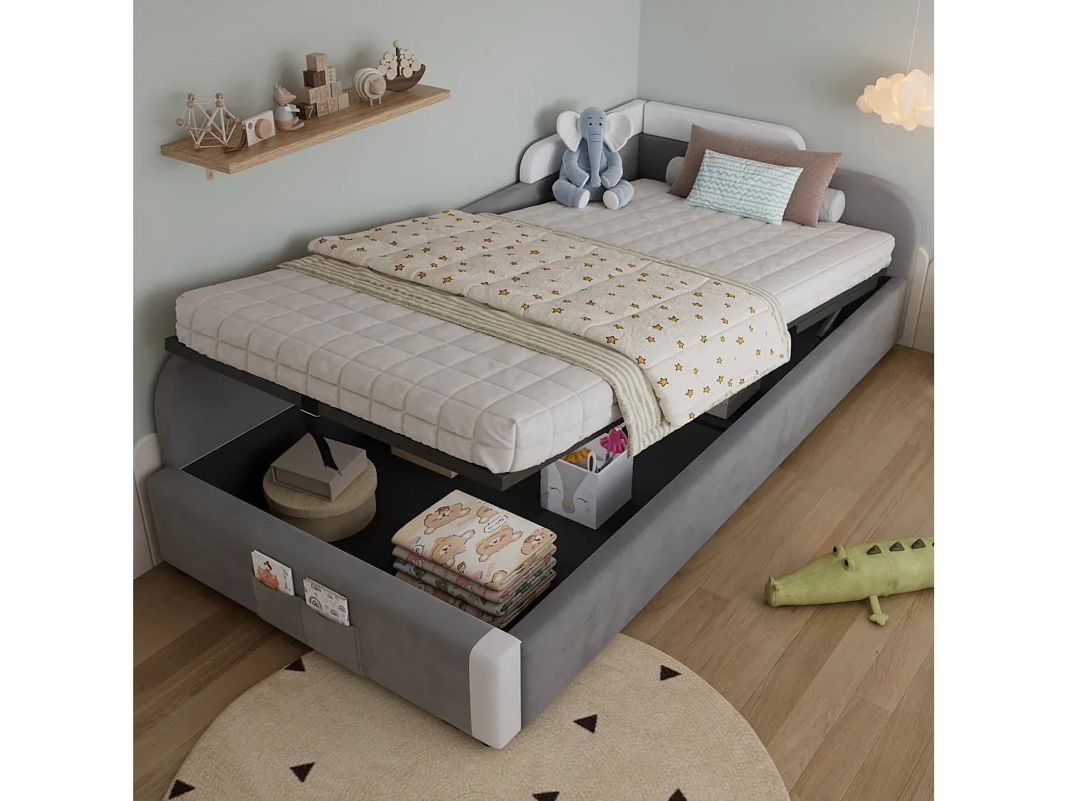 Einzelbett 90 x 200 cm mit Stauraum und linkem Seitenteil in grauem Samt