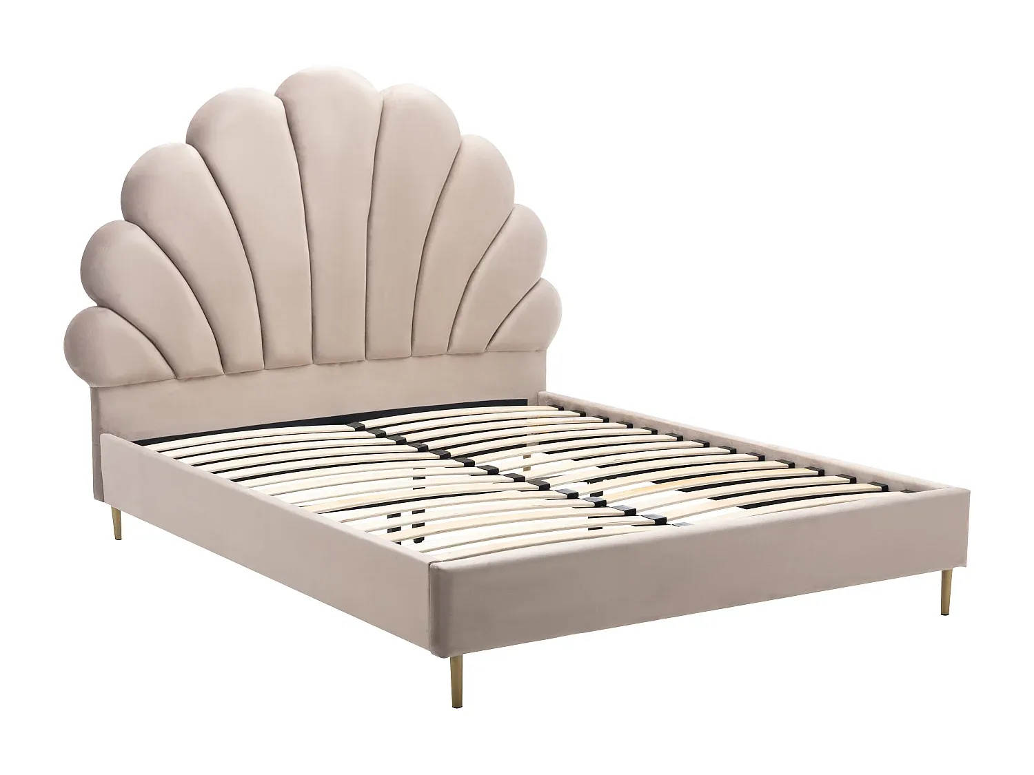 Elegantes Samtbett mit Muschel-Kopfteil, 140 x 190 cm, Beige