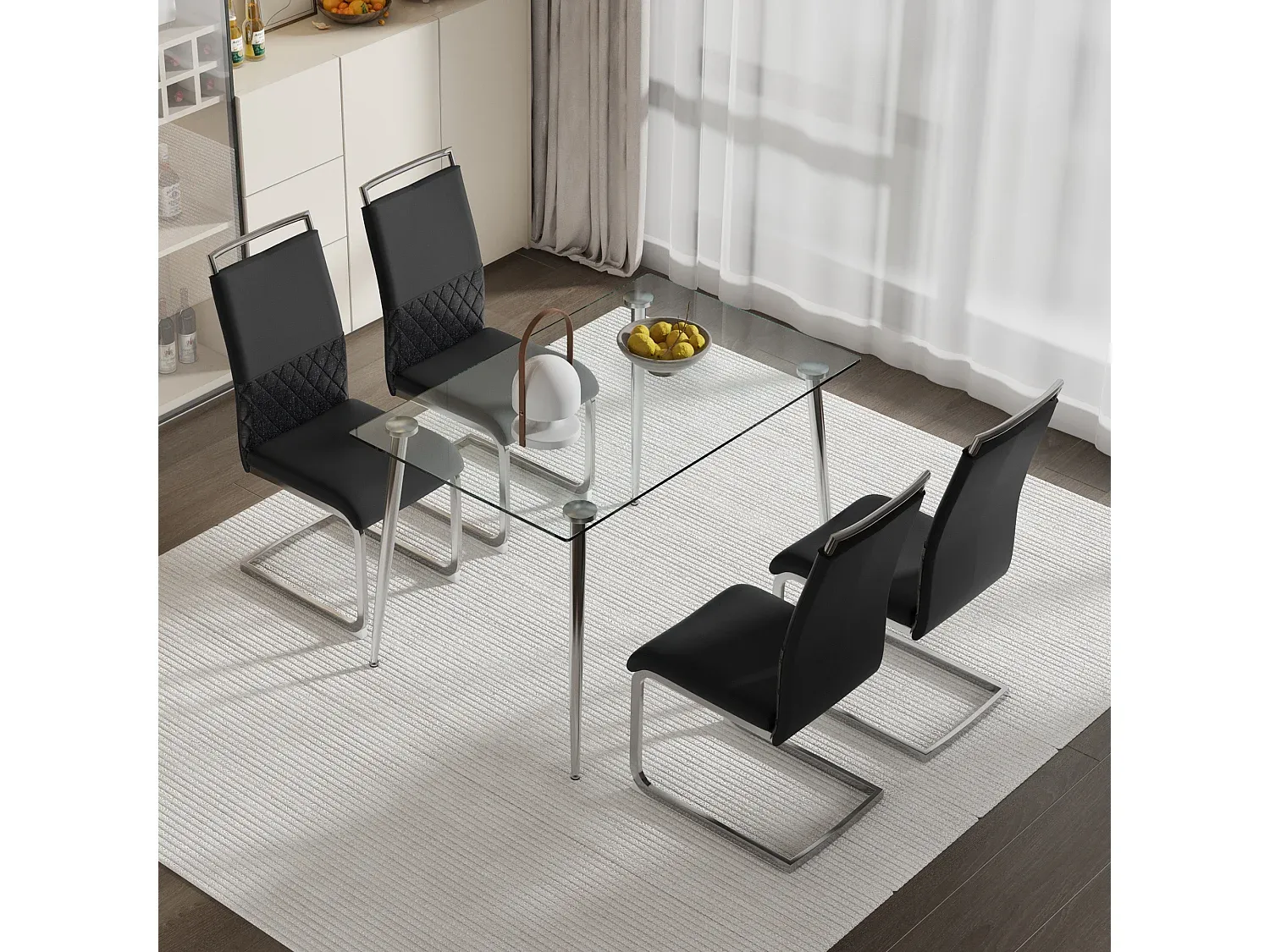 Esszimmerstuhl-Set aus Leinen und Kunstleder mit Metallbeinen, Schwarz und Grau