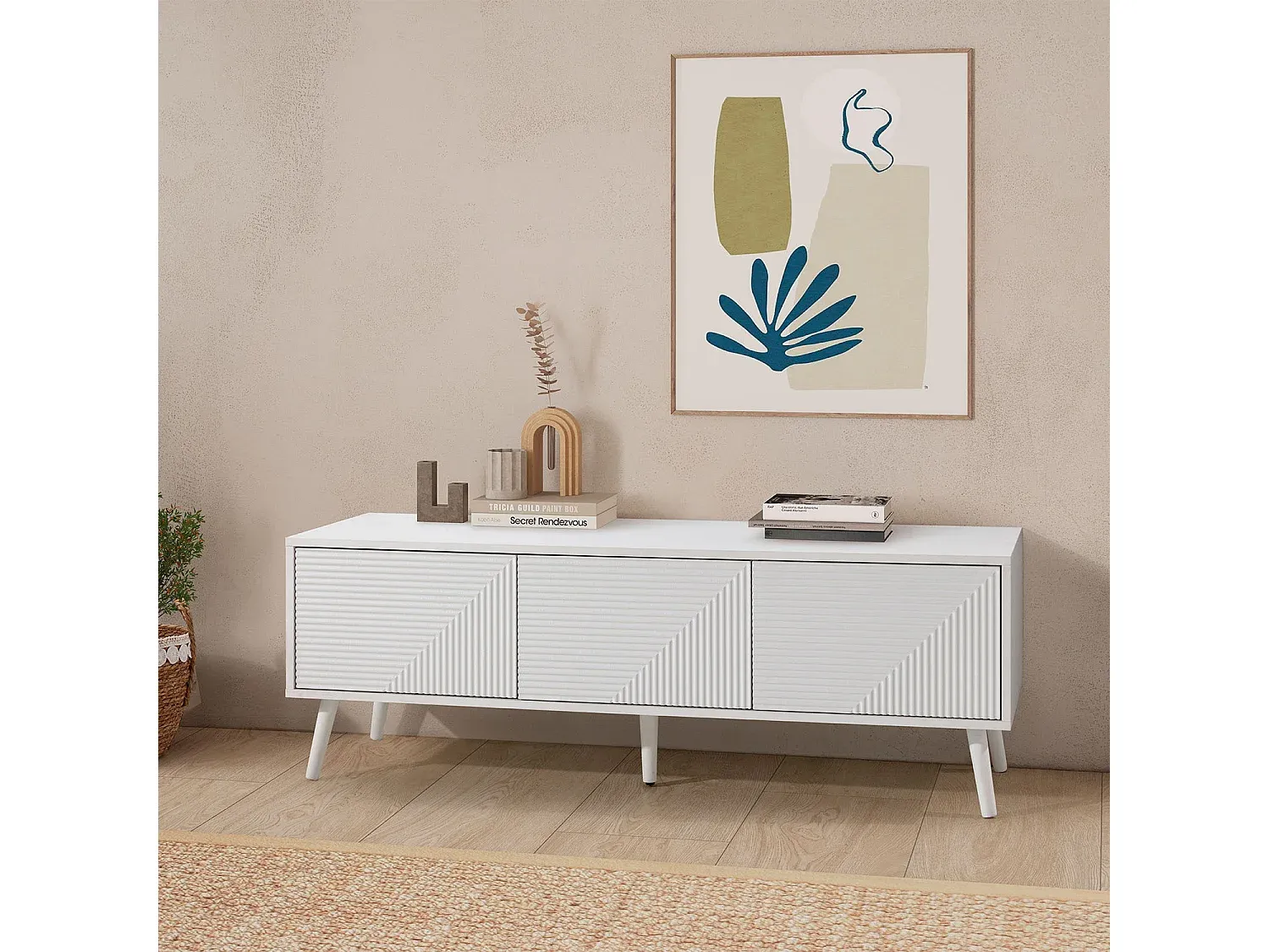 Moderner Fernsehschrank mit drei Türen, 130 cm, Weiß