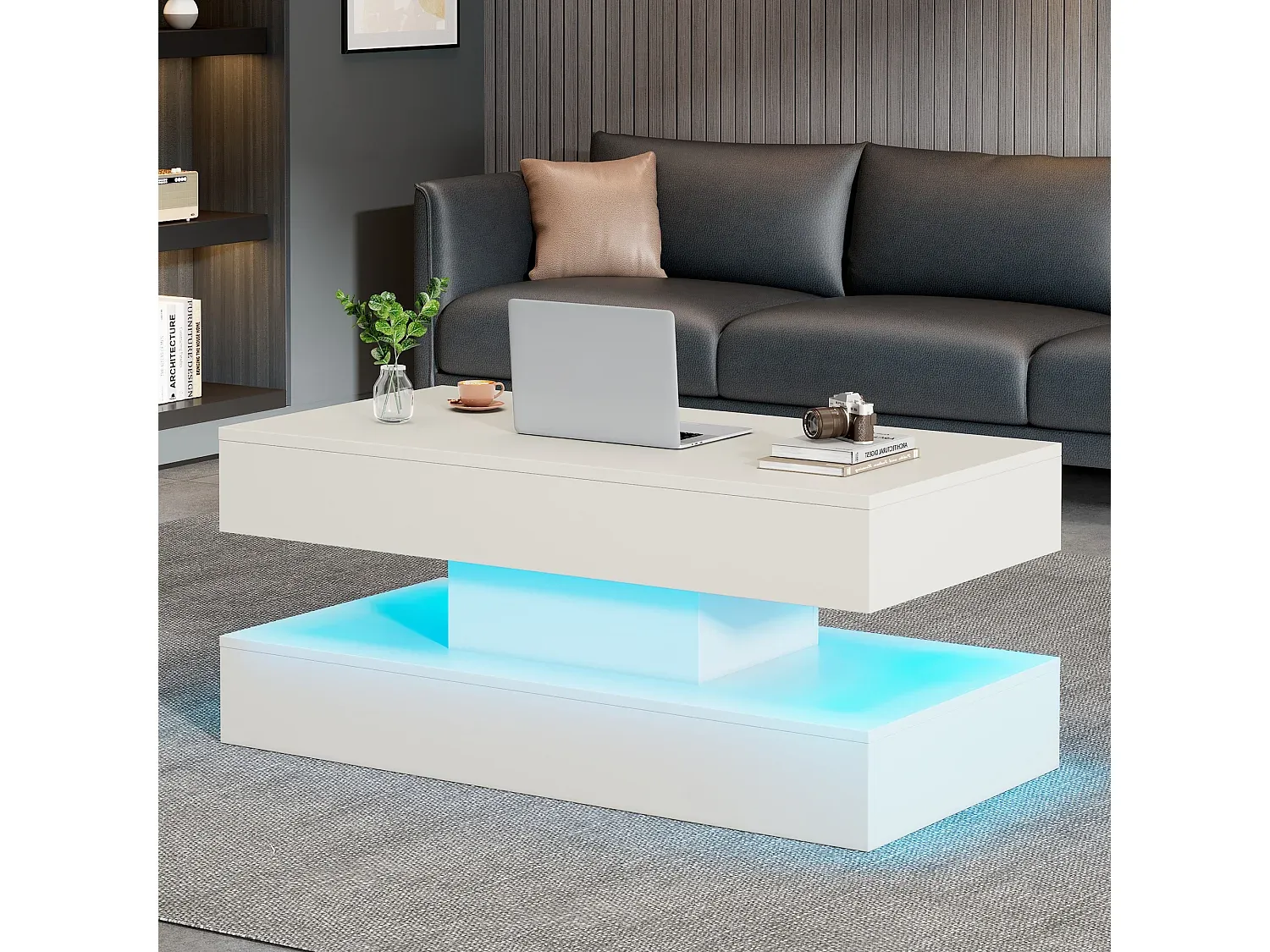 Kompakter Couchtisch mit LED-Beleuchtung und Stauraum