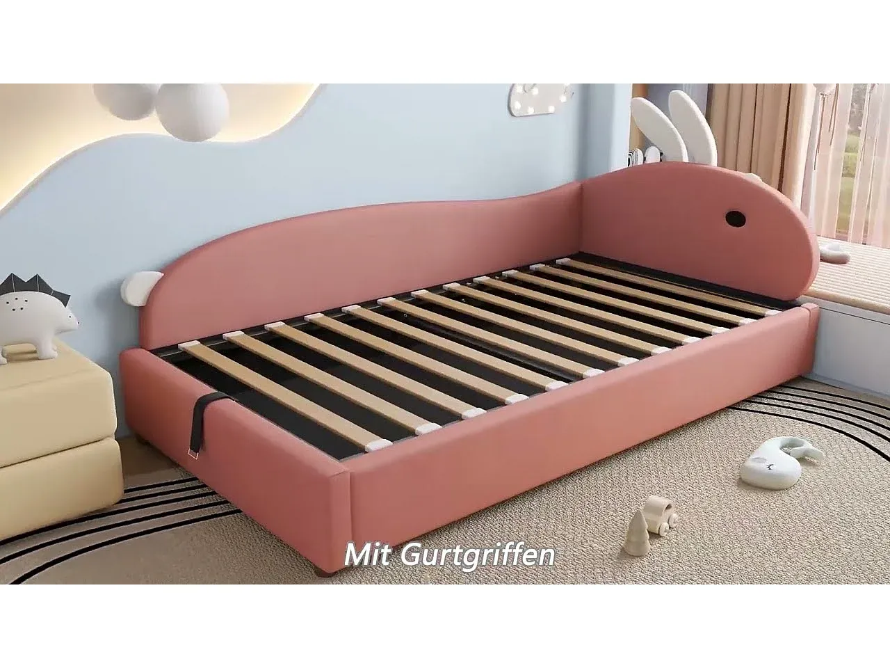 Stauraumbett für Kinder 90x200 cm mit Schutzgitter und Lattenrost in Rosa