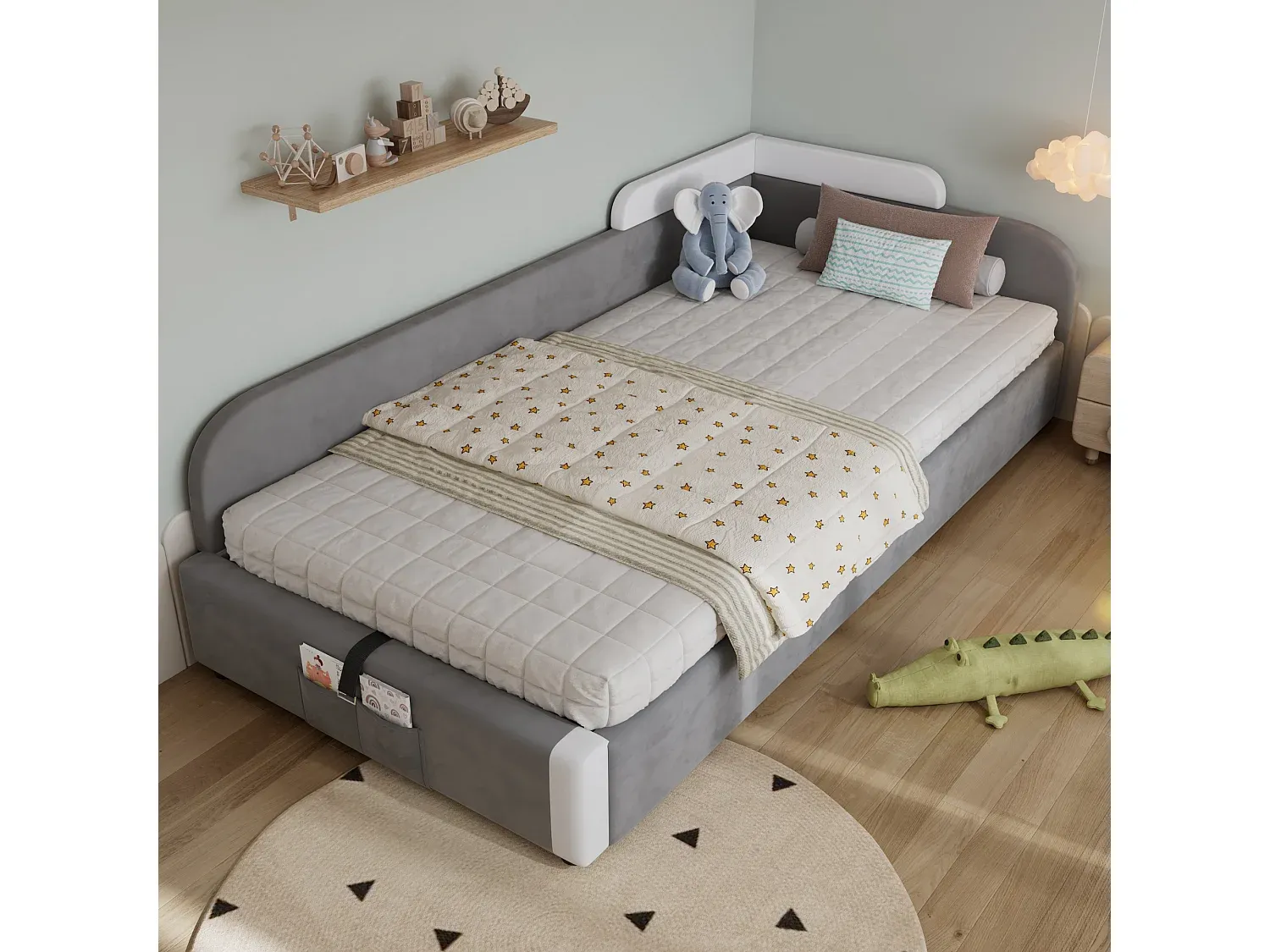 Einzelbett 90 x 200 cm mit Stauraum und linkem Seitenteil in grauem Samt