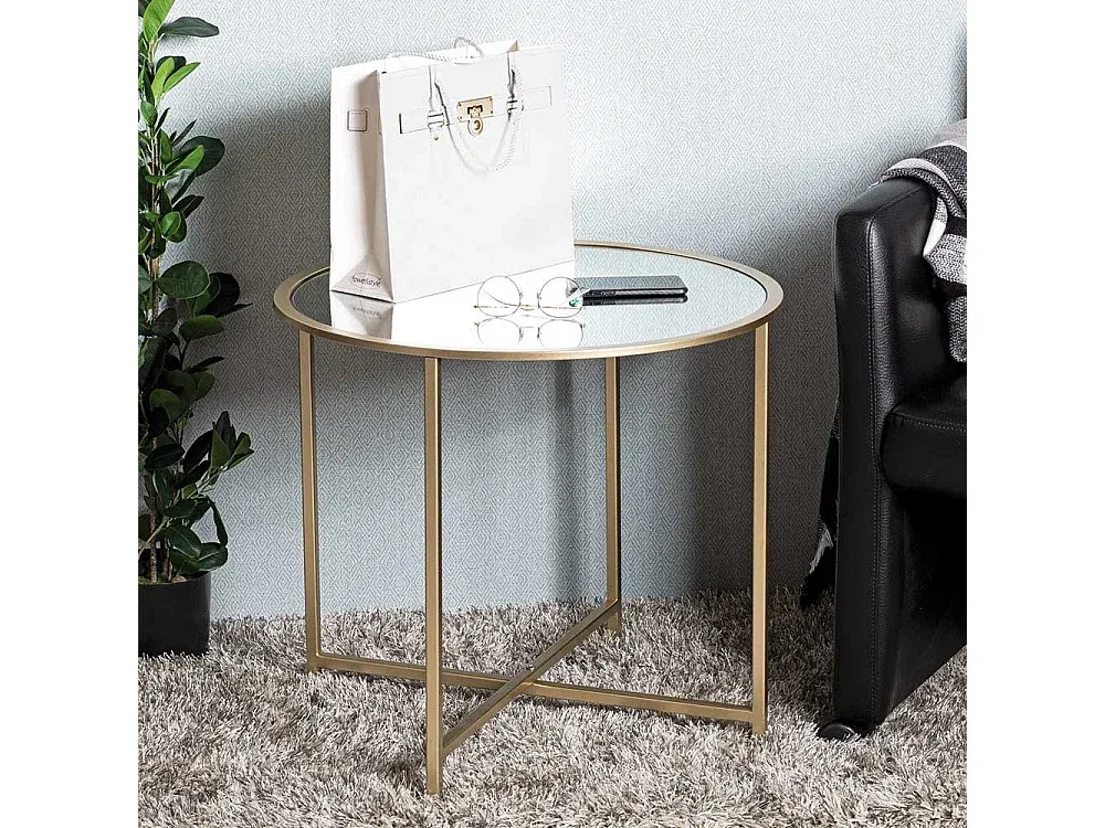 Goldfarbener Metall- und Spiegelglastisch Rund