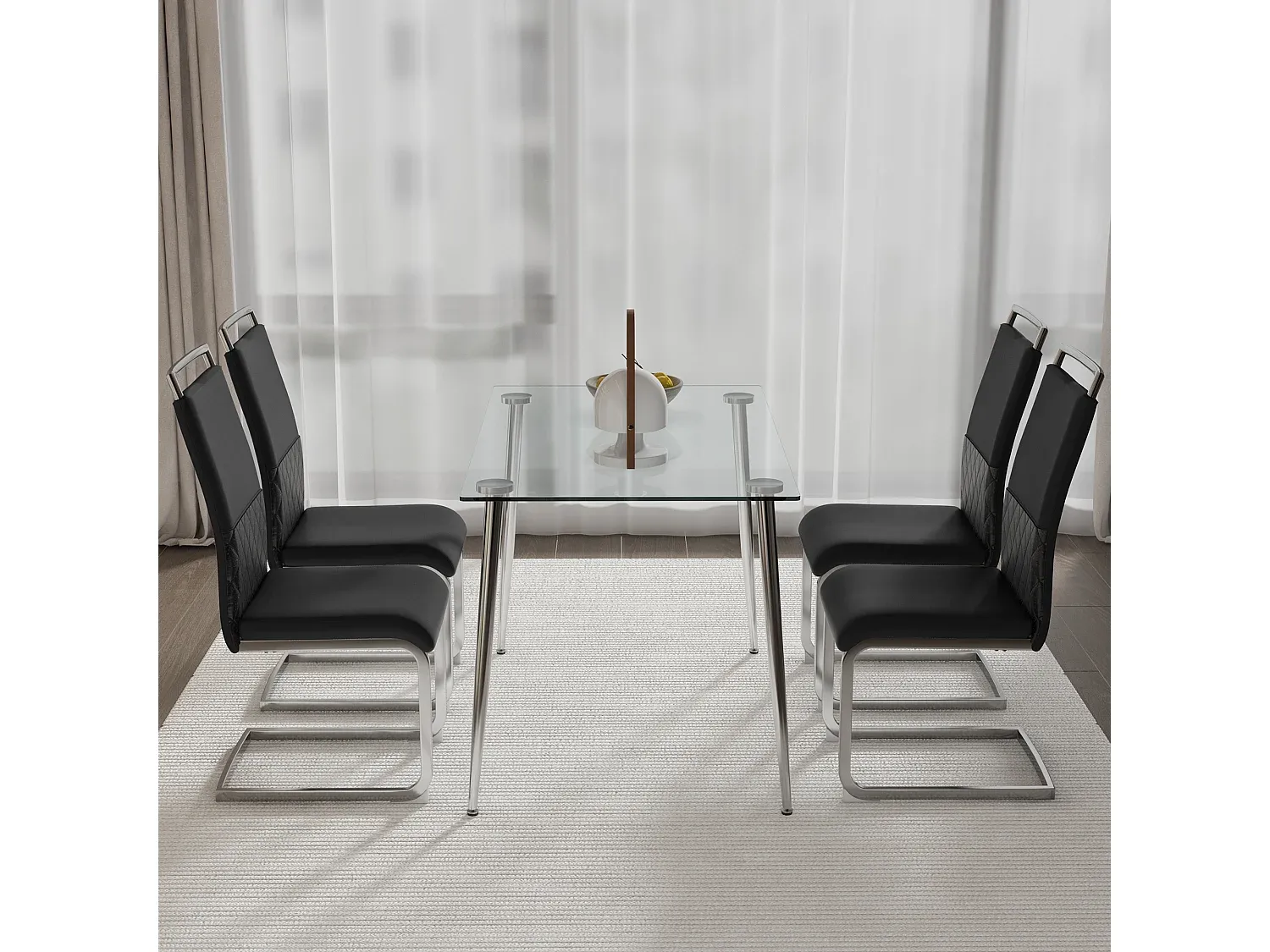 Esszimmerstuhl-Set aus Leinen und Kunstleder mit Metallbeinen, Schwarz und Grau