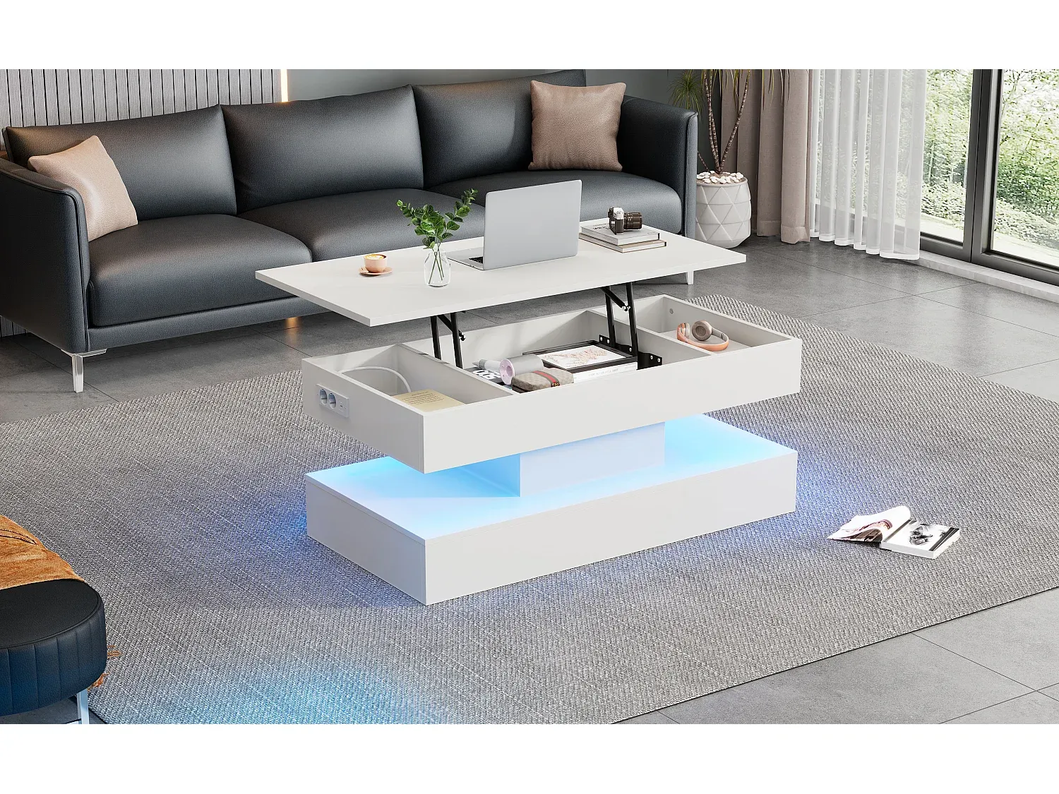 Kompakter Couchtisch mit LED-Beleuchtung und Stauraum