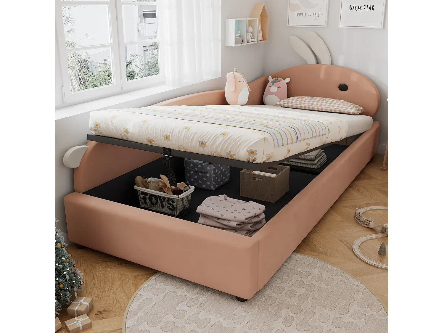 Stauraumbett für Kinder 90x200 cm mit Schutzgitter und Lattenrost in Rosa