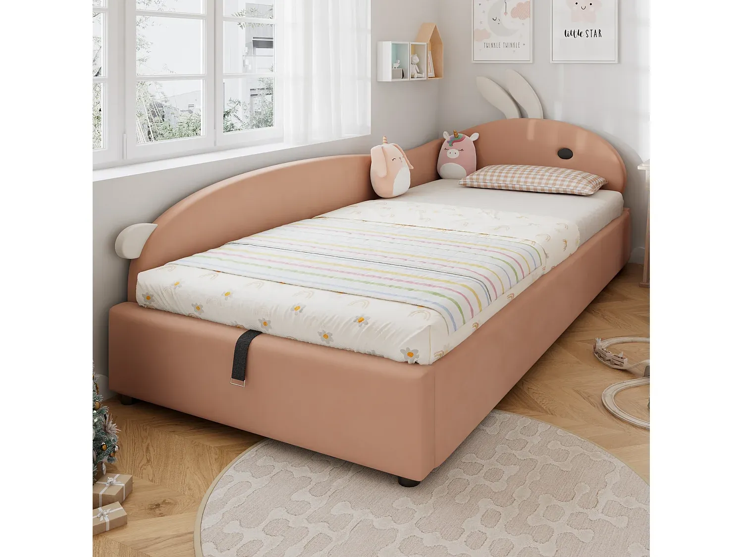 Stauraumbett für Kinder 90x200 cm mit Schutzgitter und Lattenrost in Rosa