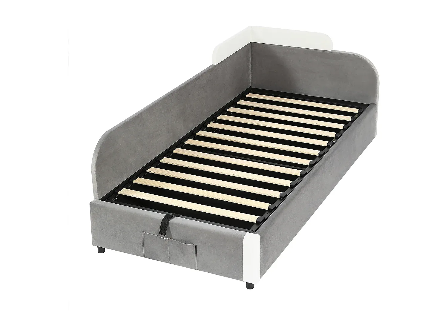 Einzelbett 90 x 200 cm mit Stauraum und linkem Seitenteil in grauem Samt