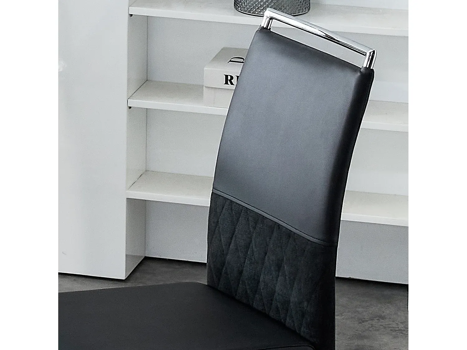 Esszimmerstuhl-Set aus Leinen und Kunstleder mit Metallbeinen, Schwarz und Grau