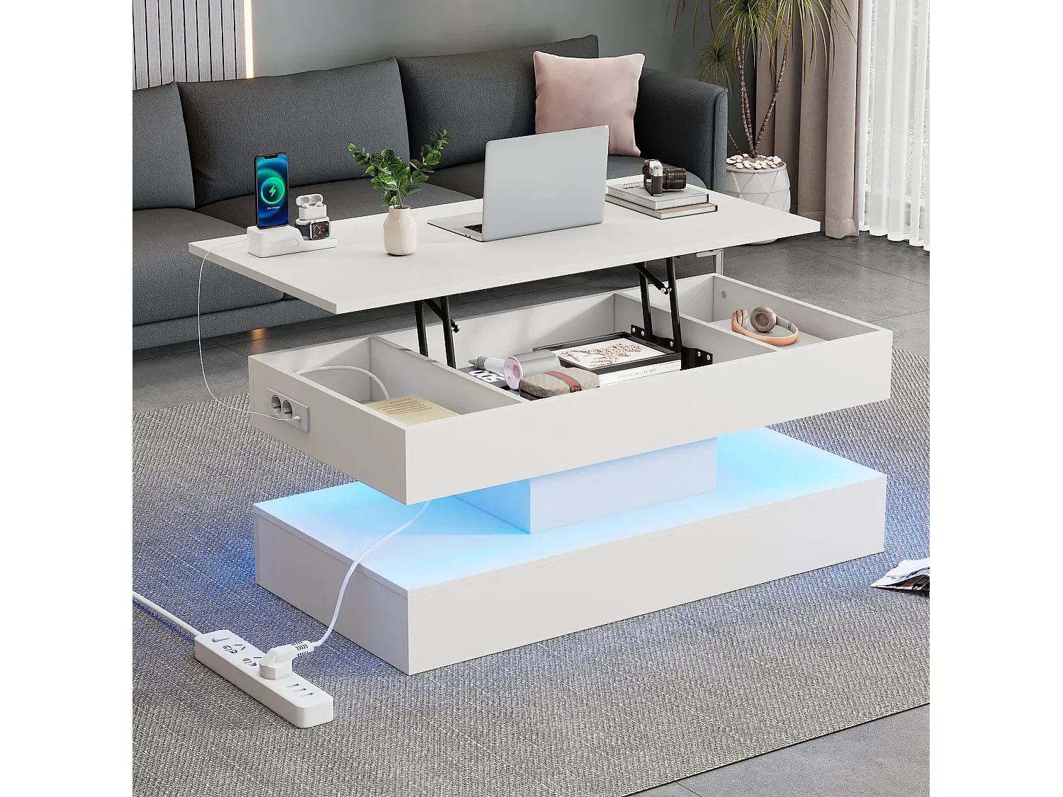 Kompakter Couchtisch mit LED-Beleuchtung und Stauraum