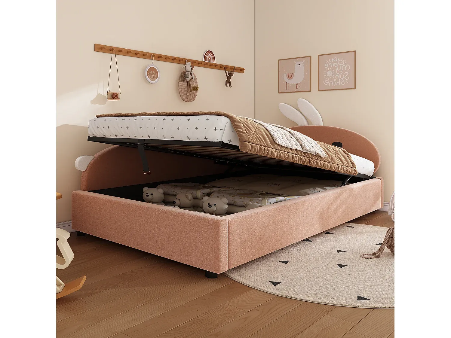 Stauraumbett für Kinder 90x200 cm mit Schutzgitter und Lattenrost in Rosa