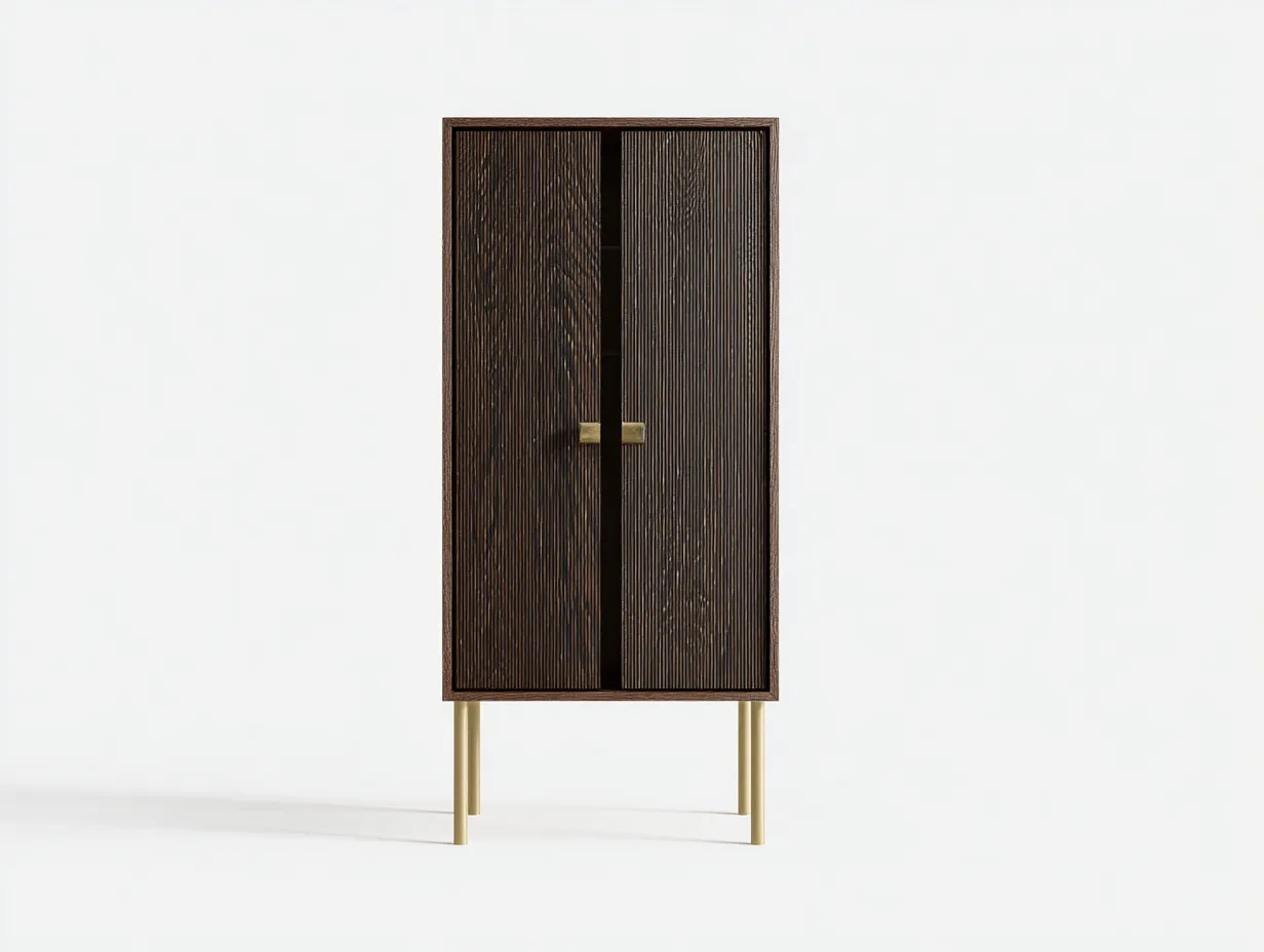 Aparador alto para comedor - 72 x 40 x 162 cm - madera oscura y dorado suave - estilo moderno decorativo - cuerpo vertical con puertas texturizadas y base metálica elevada