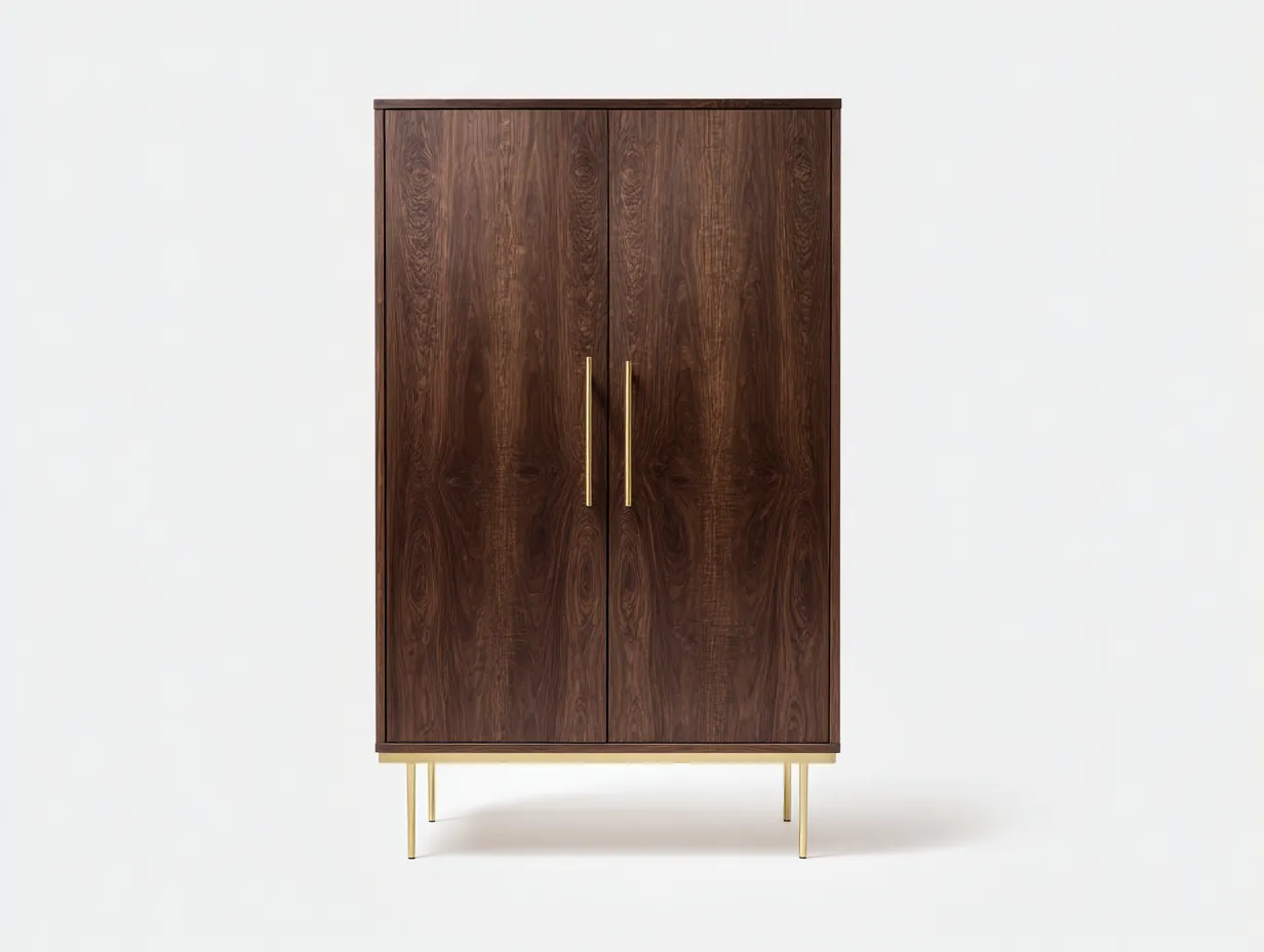 Aparador alto para comedor - 96 x 42 x 154 cm - nogal oscuro y dorado suave - estilo moderno sofisticado - cuerpo vertical con doble puerta lisa y base metálica ligera