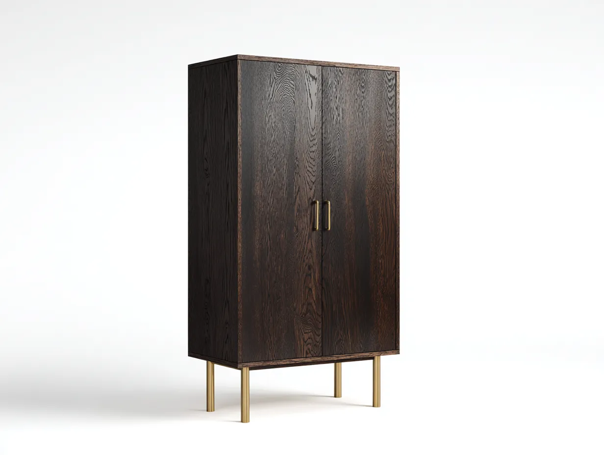 Aparador alto para comedor - 90 x 42 x 150 cm - madera oscura y dorado suave - estilo contemporáneo elegante - cuerpo vertical con doble puerta y base metálica elevada