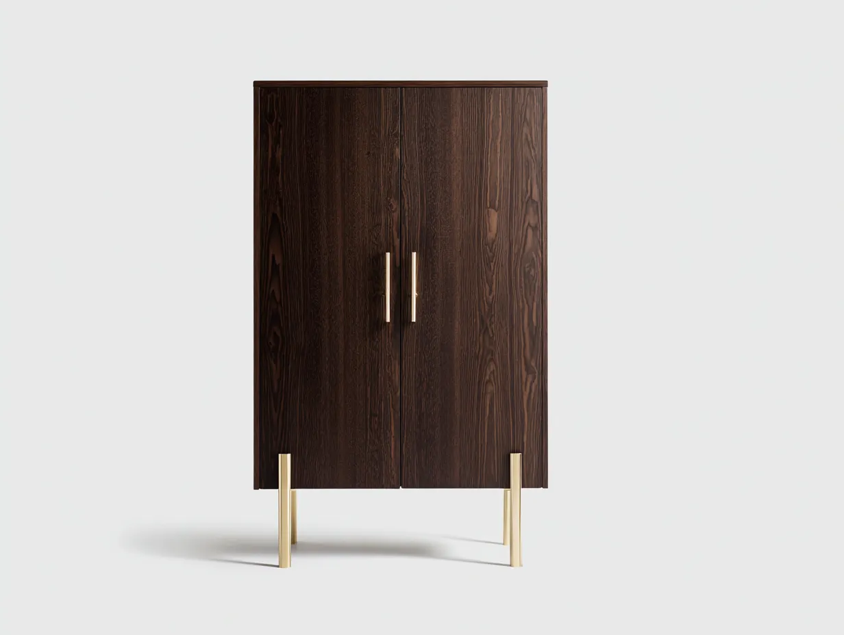 Aparador alto para comedor - 88 x 40 x 146 cm - nogal oscuro y dorado suave - estilo contemporáneo elegante - cuerpo vertical con doble puerta lisa y base elevada metálica