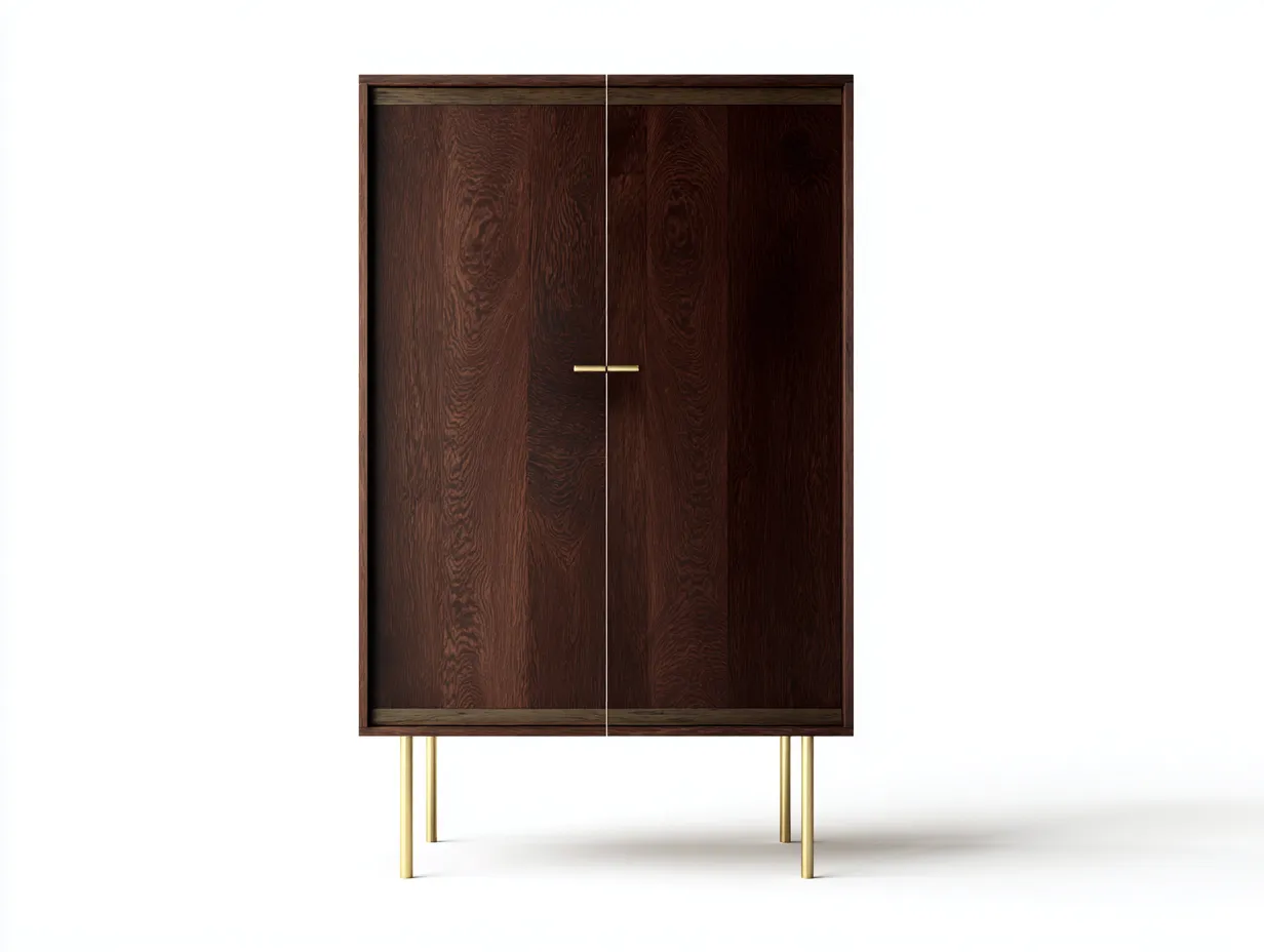 Aparador alto para comedor - 94 x 41 x 152 cm - nogal oscuro y dorado - estilo contemporáneo refinado - cuerpo vertical con doble puerta lisa y base metálica elevada