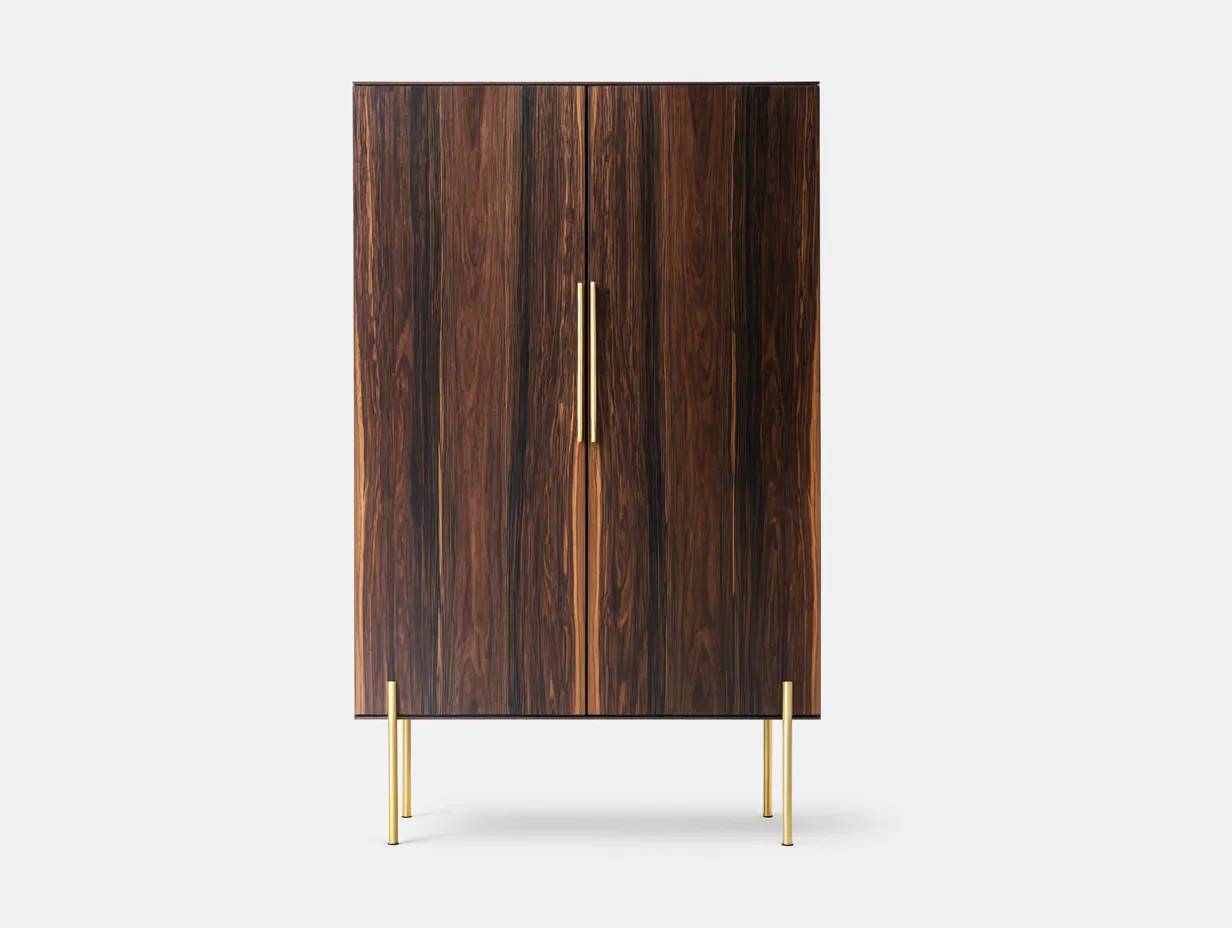 Aparador alto para comedor - 98 x 42 x 156 cm - nogal oscuro y dorado - estilo contemporáneo elegante - cuerpo vertical con doble puerta lisa y base metálica elevada
