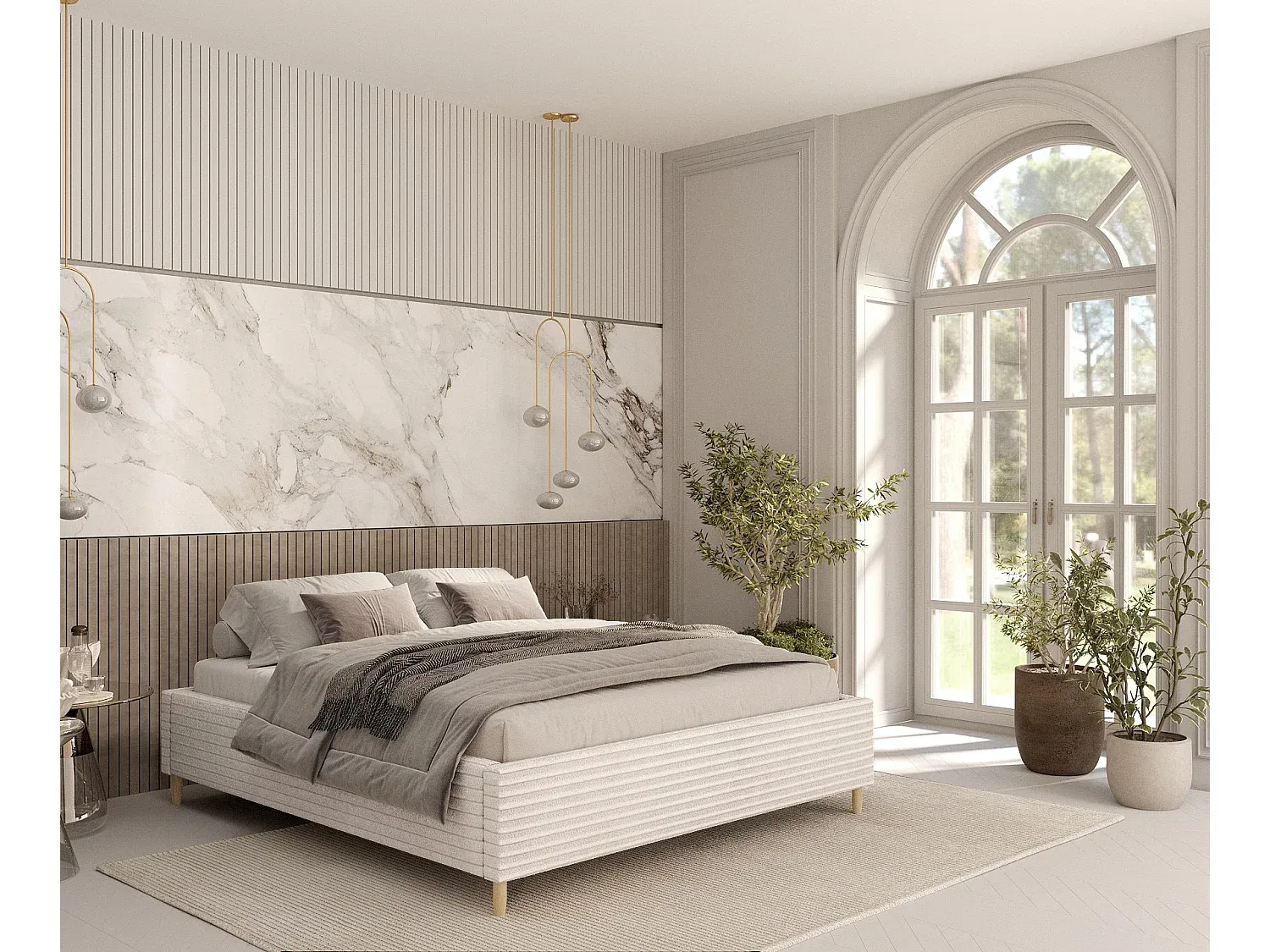 Großes Stauraumbett aus grauem Samt mit gepolstertem Kopfteil