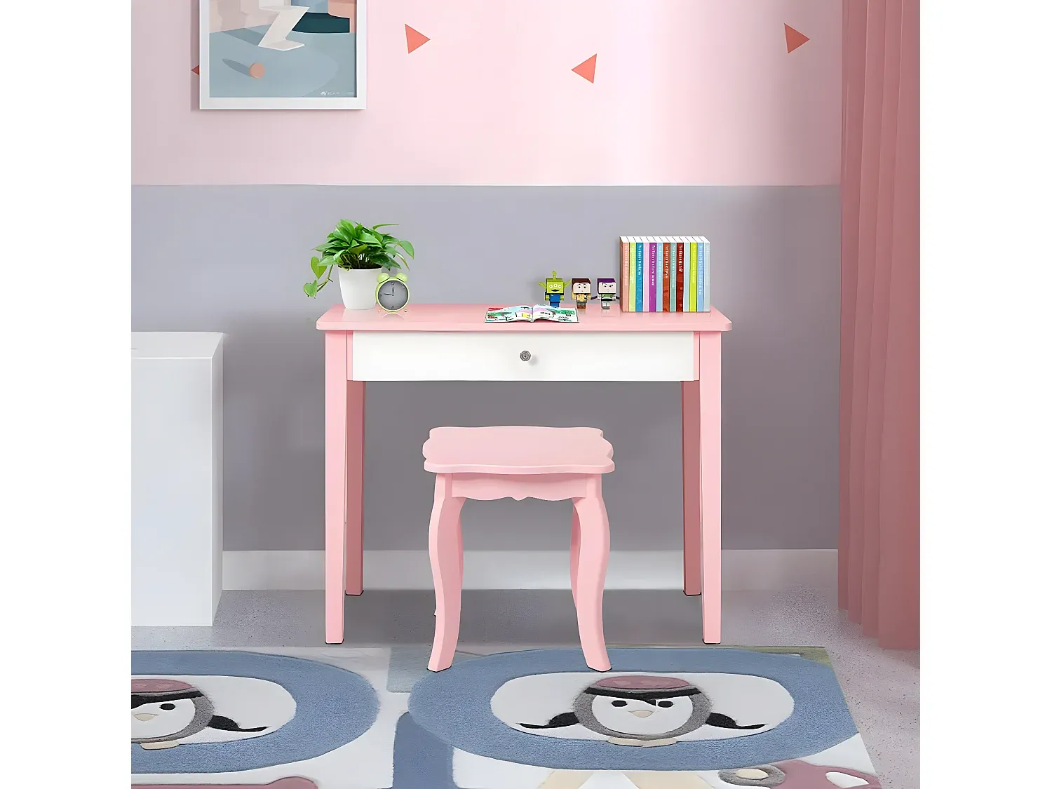 Rosa Schminktisch mit Hocker und Spiegel, Holz 80x69x141 cm