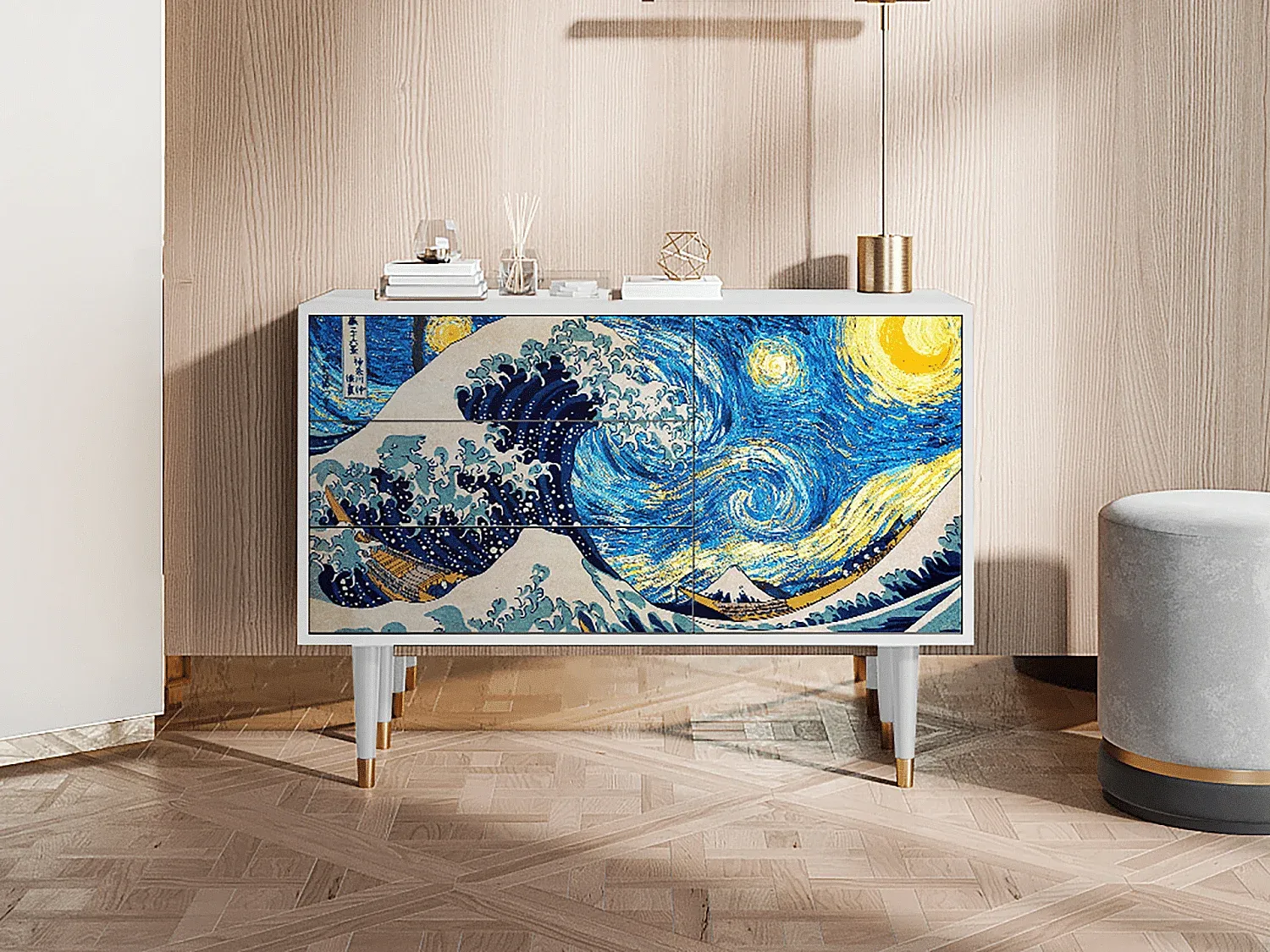 Moderner Sideboard in Sand mit Lila Akzenten