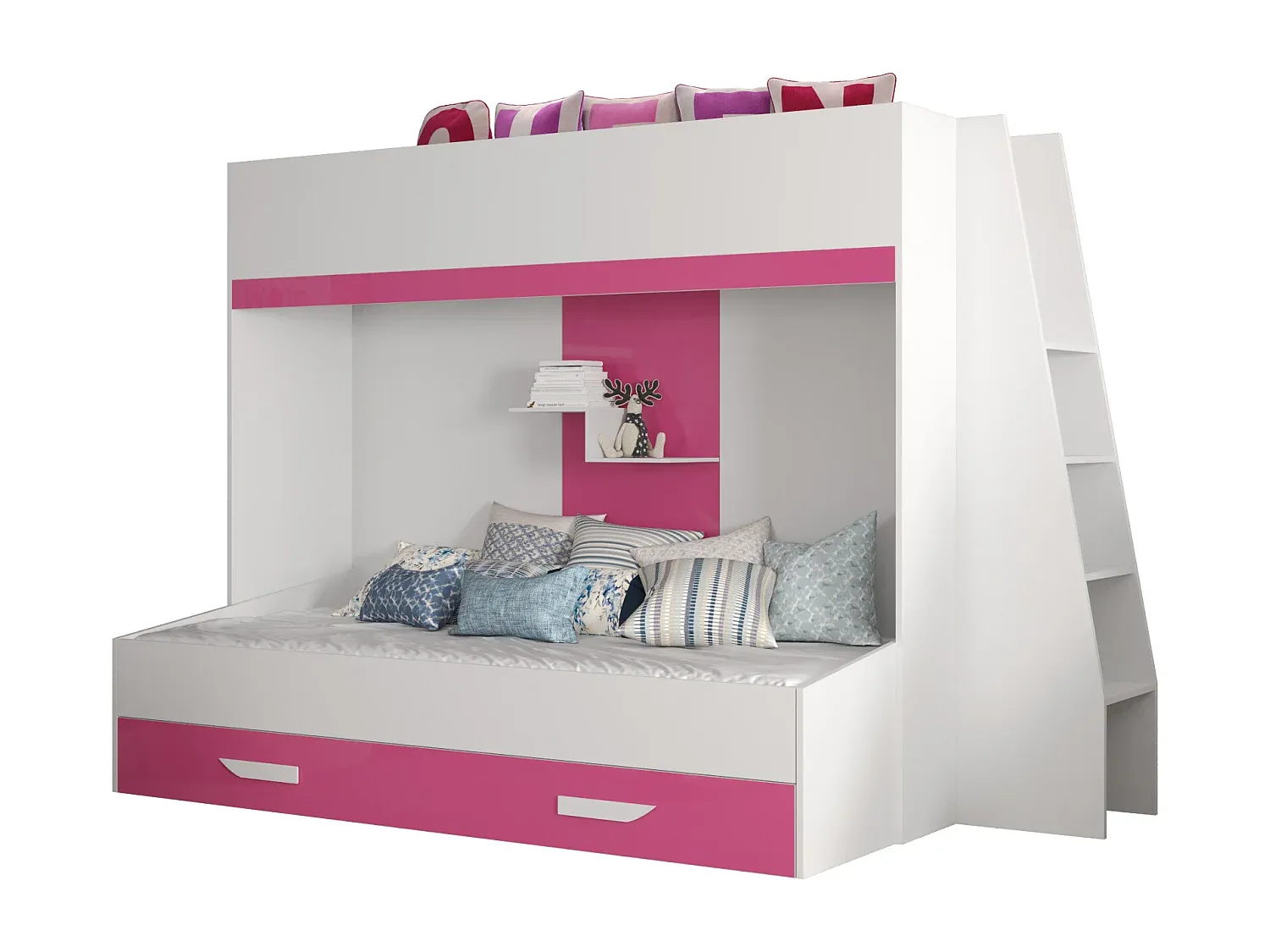 Platzsparendes Etagenbett mit Leiter und Sicherheitsgeländer, Beige