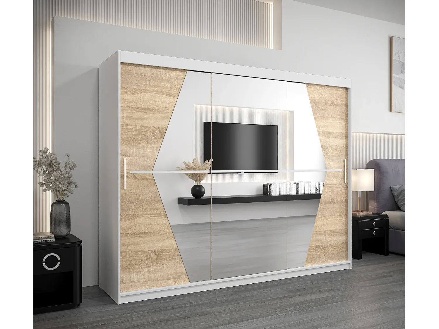 Moderner Kleiderschrank mit Schwebetüren, 2-türig, Sonoma Eiche